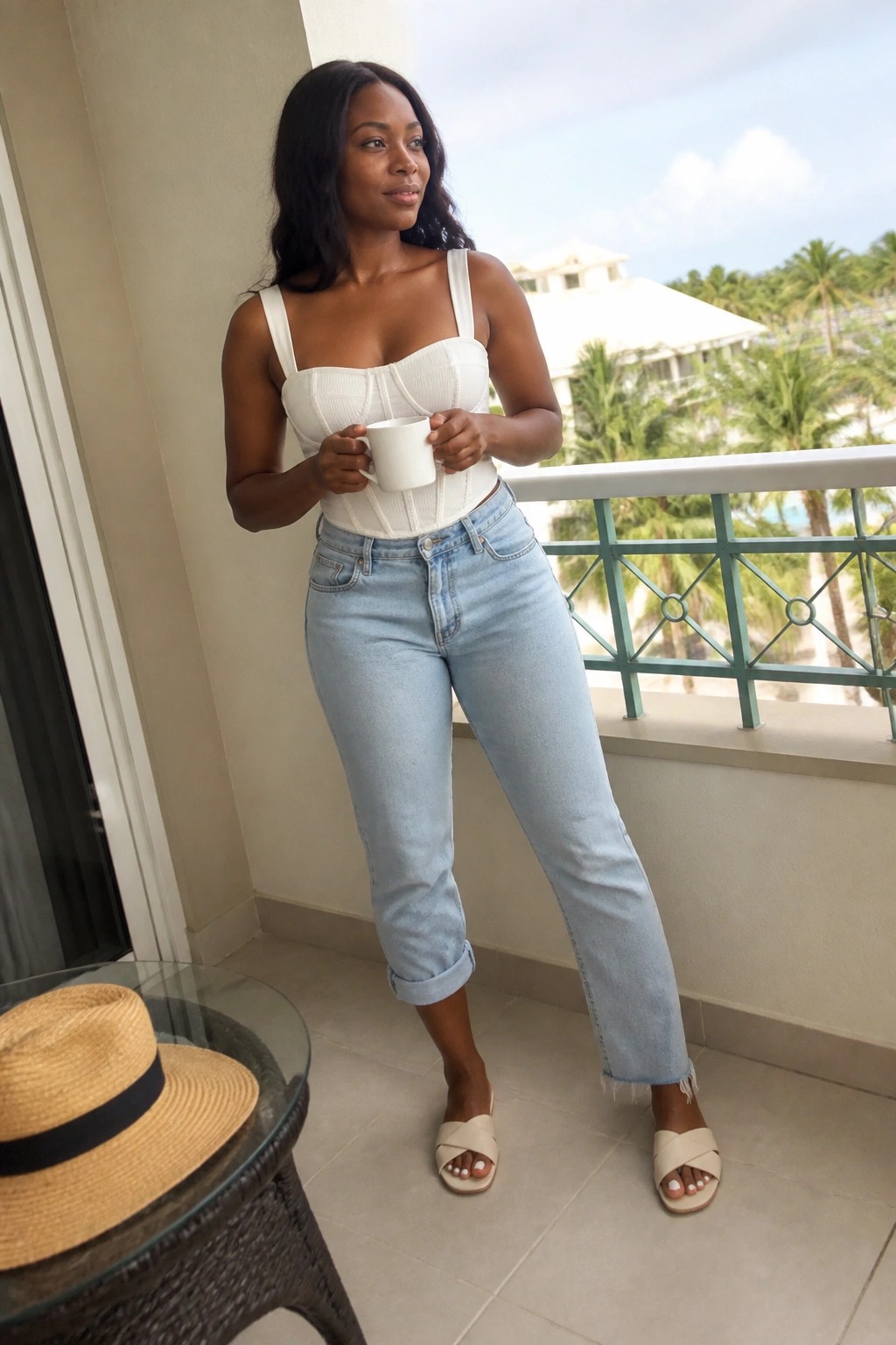Woman wearing a white structured corset top with light blue cropped jeans and beige slide sandals while holding a white mug on a balcony.