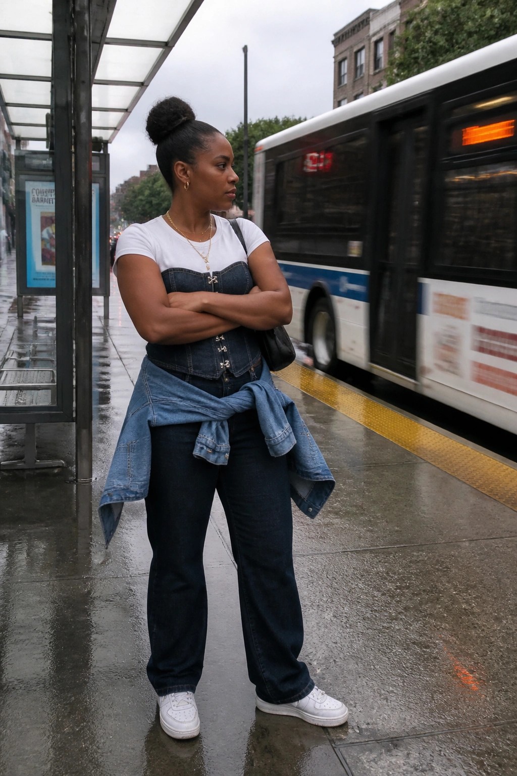 Woman in denim corset, jeans, and tied jacket with arms crossed at rainy bus stop