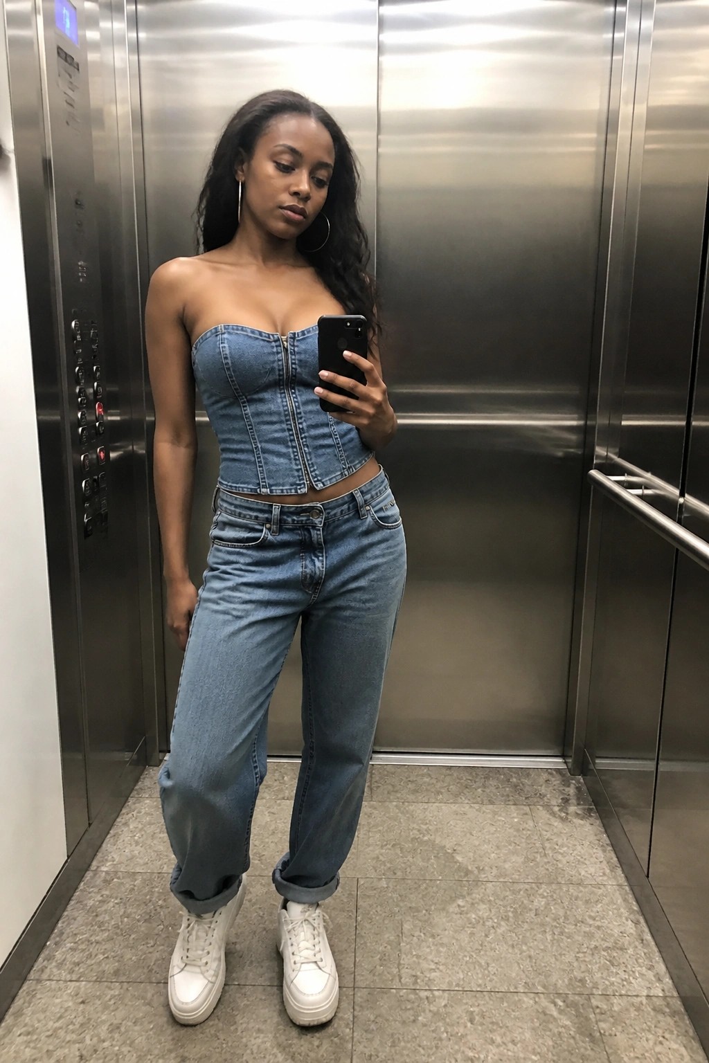 Woman in blue denim corset top and jeans taking selfie in elevator.