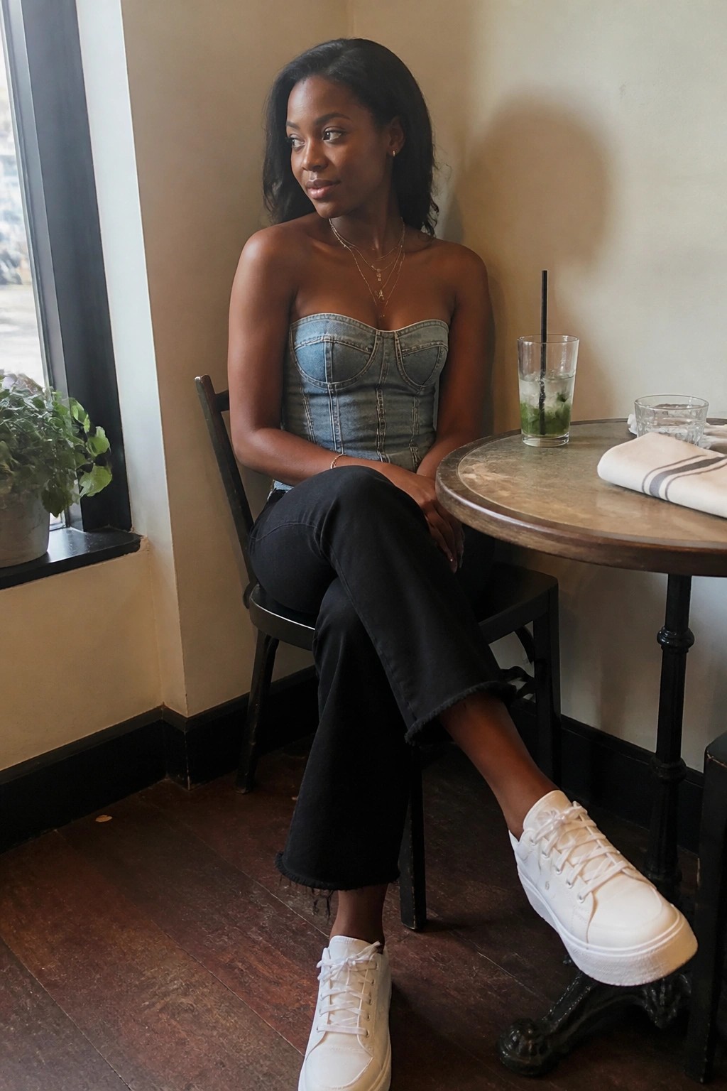 Woman in denim corset top and black jeans at cafe table with green drink