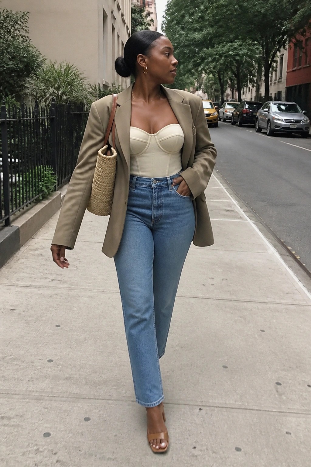 Woman in beige blazer over cream corset top paired with blue straight leg jeans, woven shoulder bag, and brown heeled sandals.