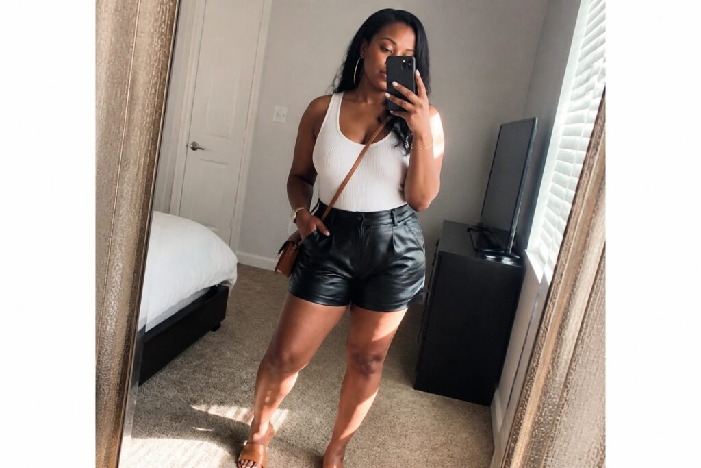 20 Modern Midsize Leather Shorts Outfit Ideas for Black Women Woman in white tank top and black leather shorts taking mirror selfie in bedroom