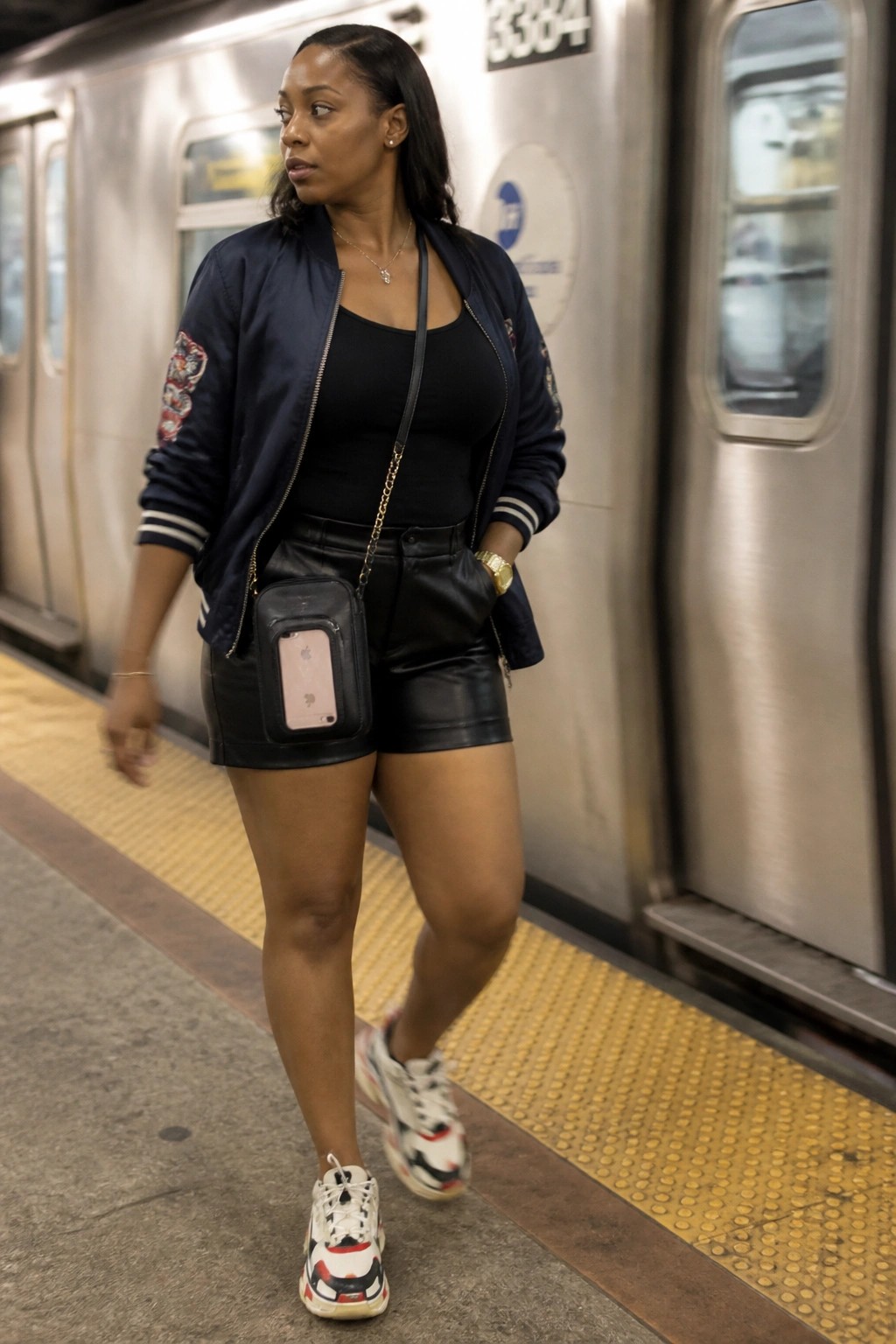 Woman in navy bomber jacket and leather shorts on subway platform