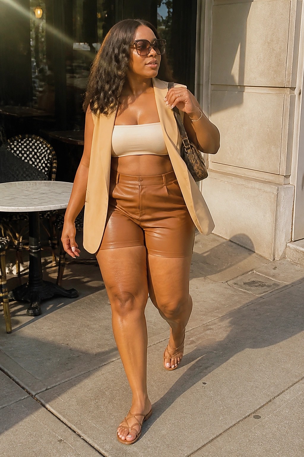Woman in beige blazer, crop top, and brown leather shorts on sunny sidewalk