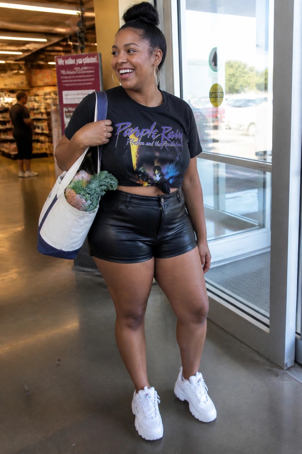 Smiling woman in cropped Purple Rain t-shirt and black leather shorts holding grocery tote bag.