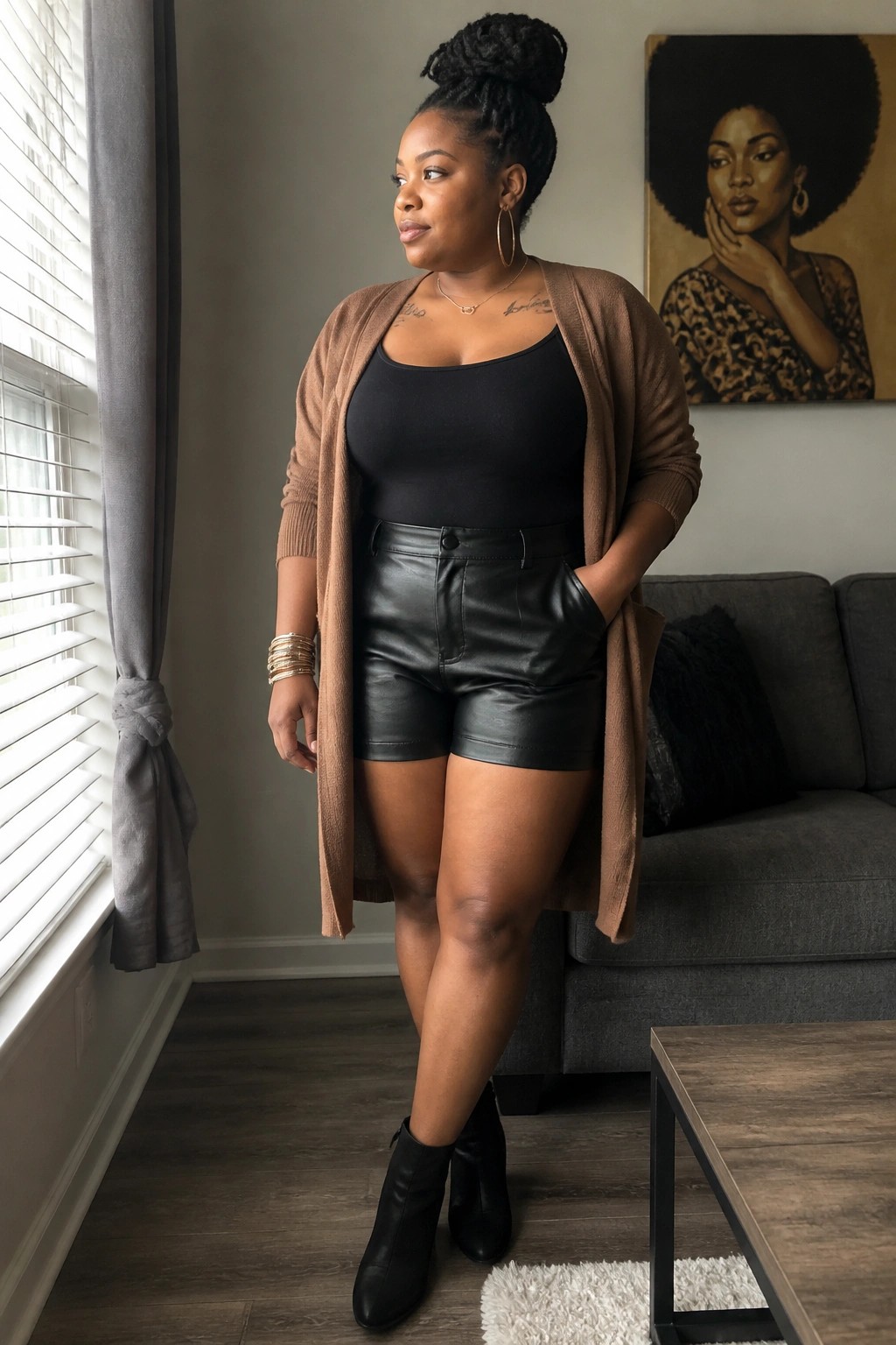 Black woman in black leather shorts, black bodysuit, brown open cardigan, black ankle boots, layered gold jewelry, standing in a living room setting.