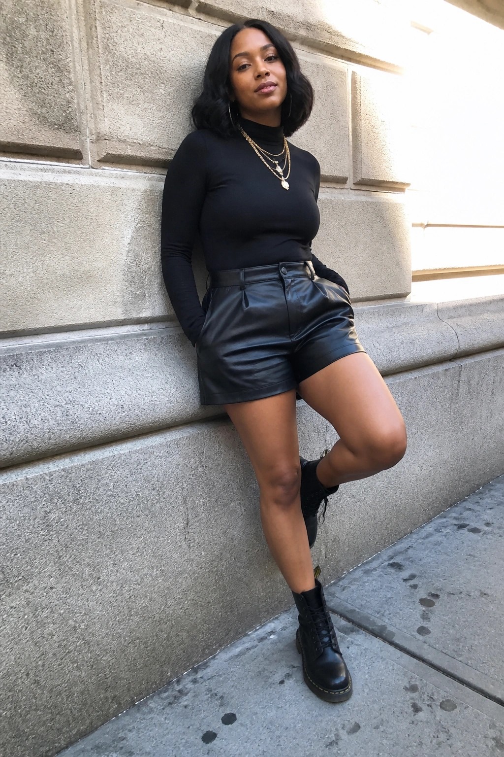 Woman in black turtleneck and leather shorts leaning against stone wall in boots