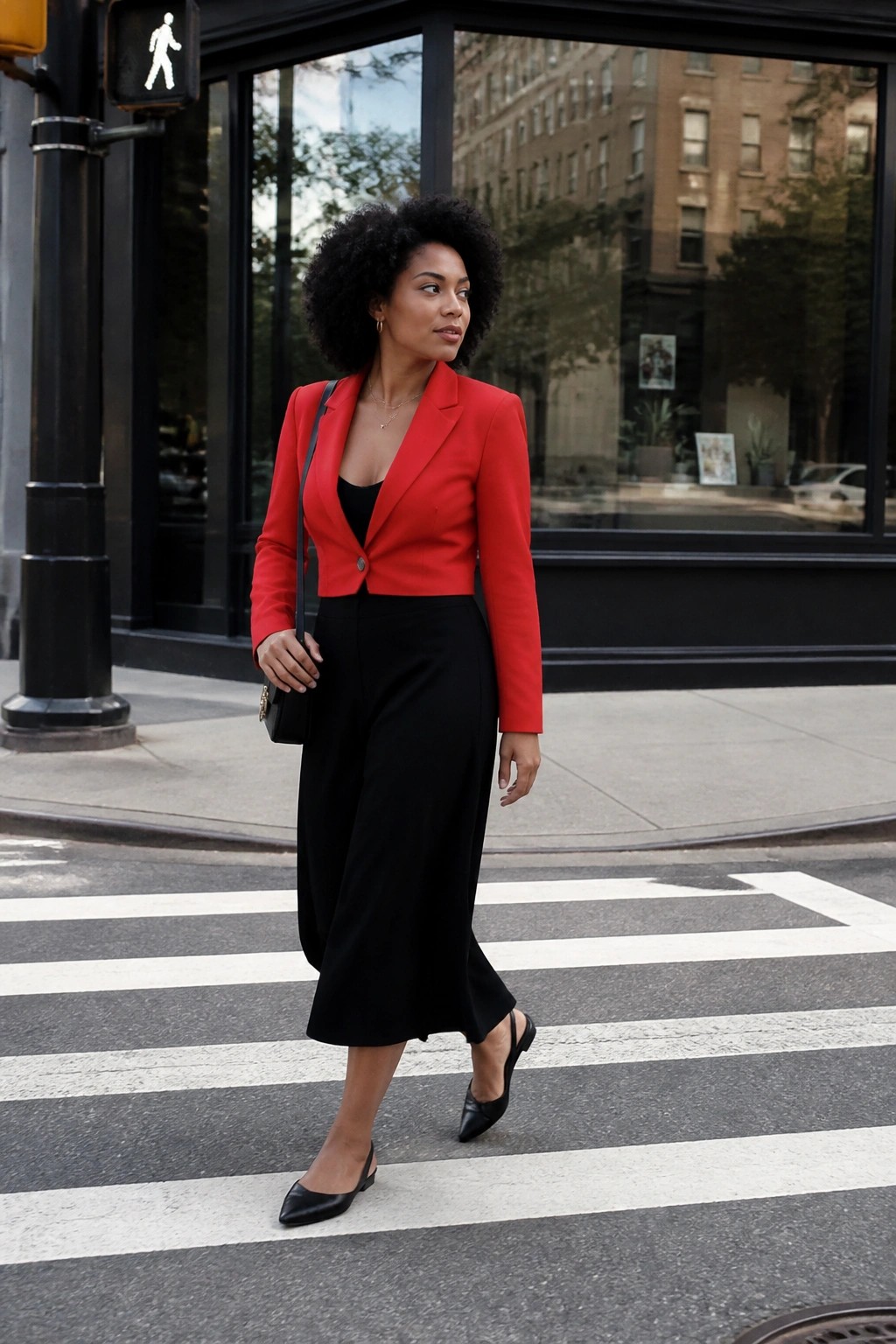 Woman in red cropped blazer and black outfit crossing city crosswalk