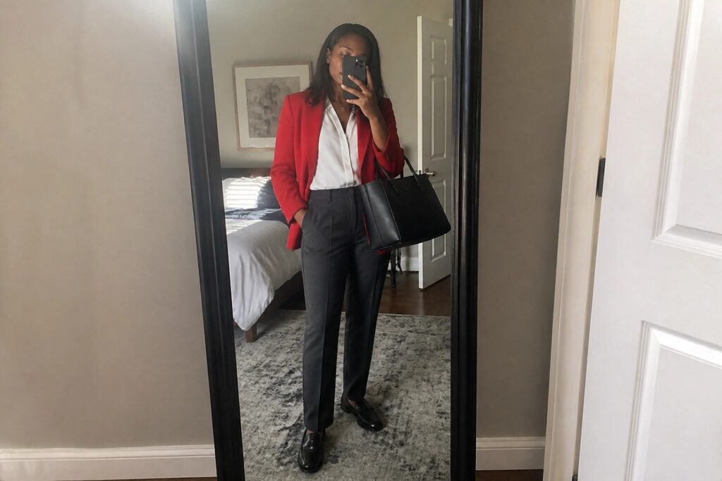 Woman in red blazer, white blouse, and black trousers taking bedroom mirror selfie