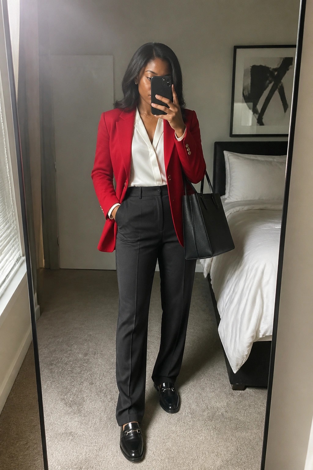 Woman in red blazer, white blouse, and black trousers taking bedroom mirror selfie