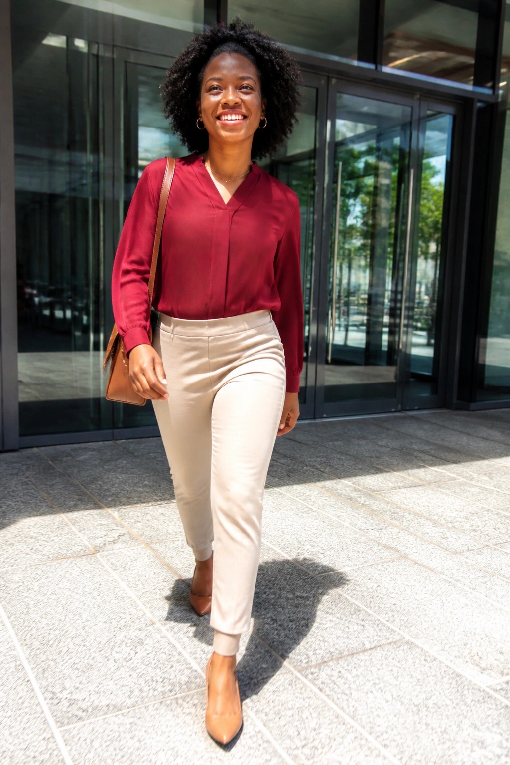 Smiling woman in red blouse and beige pants with brown bag outside glass doors.