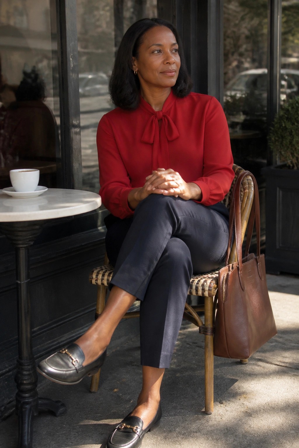 Woman in red bow blouse seated outdoors with coffee cup and brown handbag
