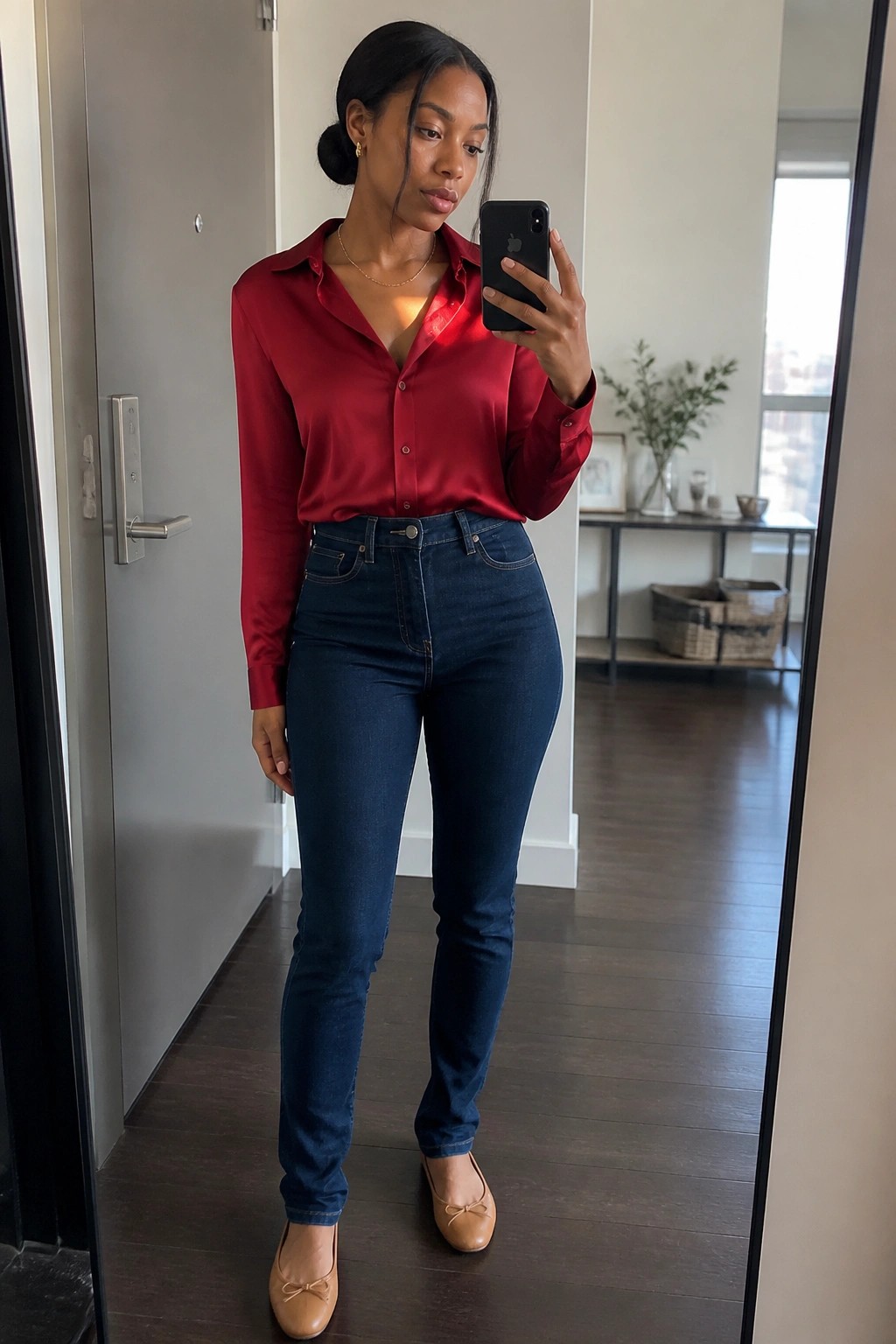Woman in red satin shirt and blue jeans taking mirror selfie with phone