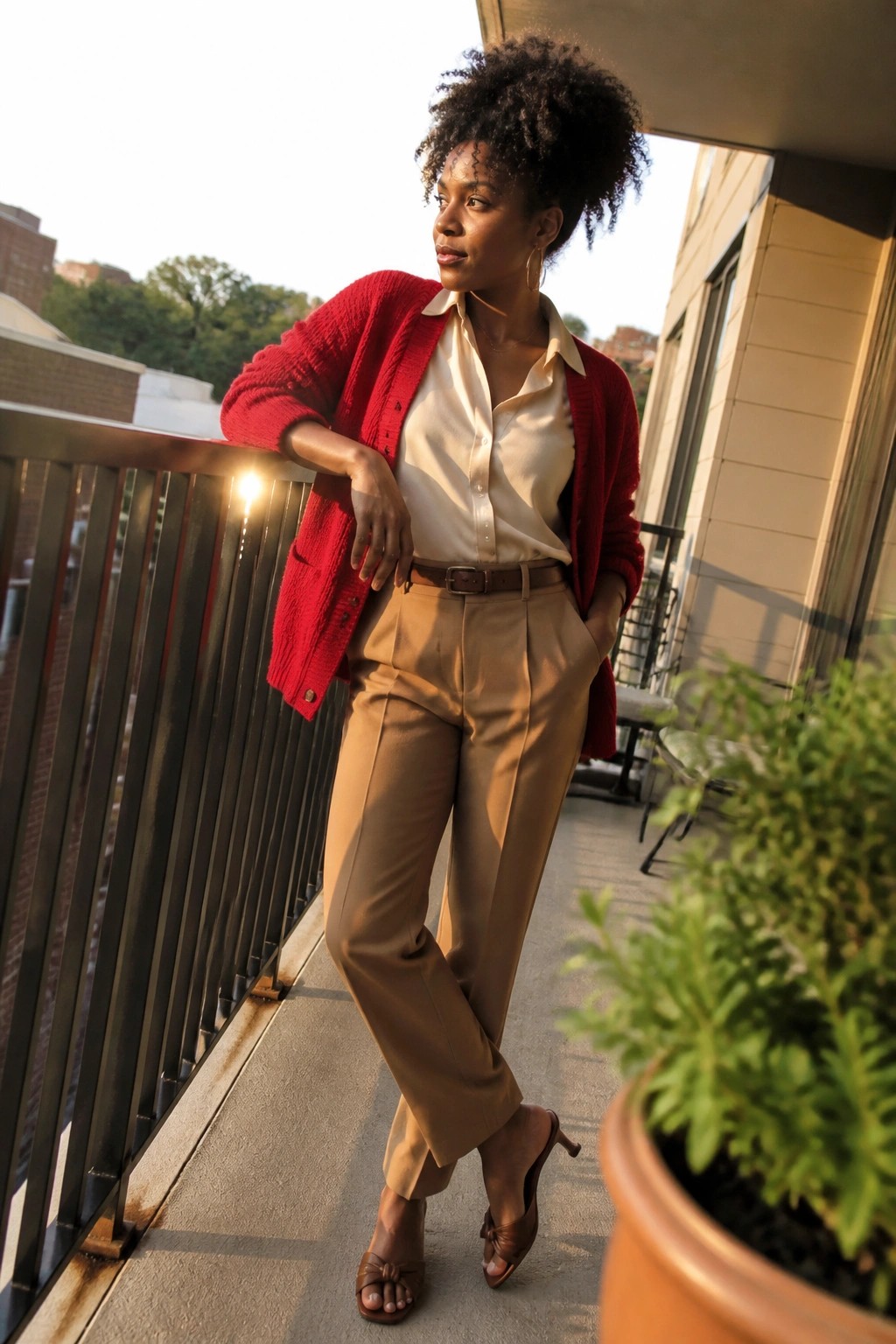 Woman in red cardigan, cream shirt, and beige pants leaning on sunny balcony railing.