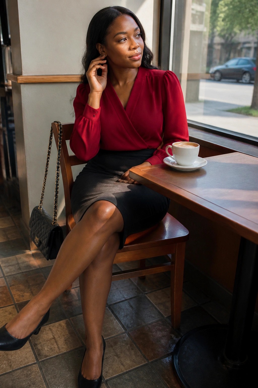 Woman in red wrap blouse and black skirt at cafe table with coffee and handbag