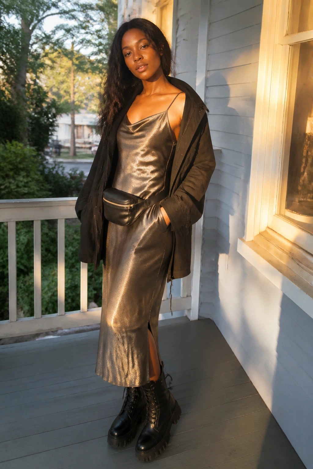 Woman in shiny gold slip dress, oversized jacket, and black combat boots on sunny porch