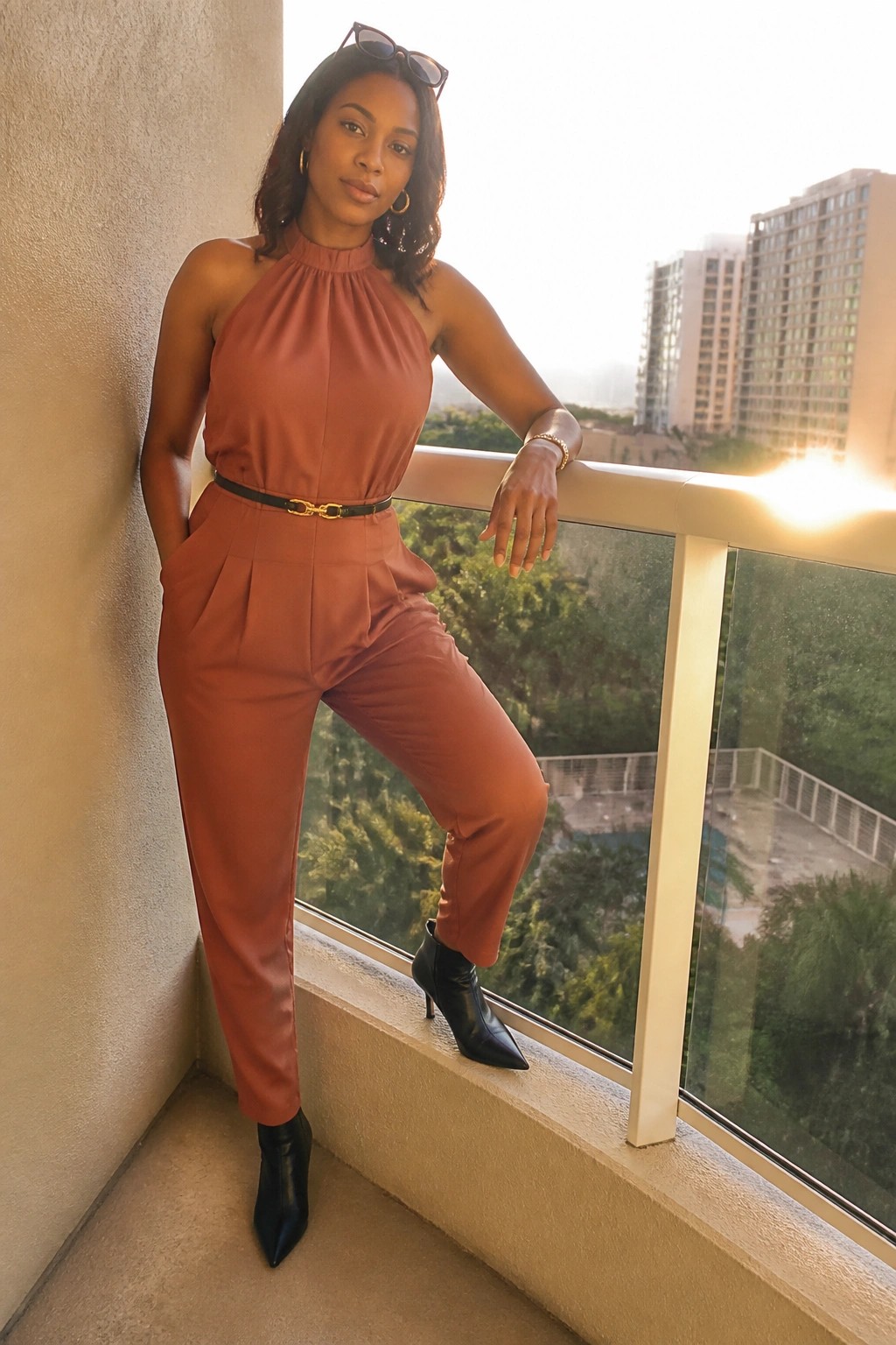 Woman in rust halter jumpsuit and black boots posing on sunny balcony