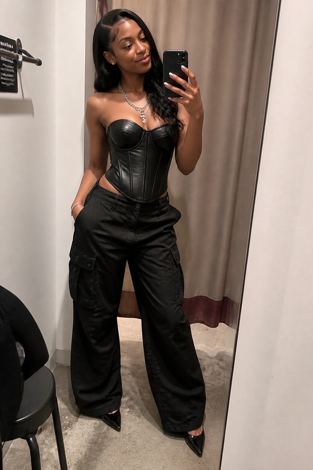 Woman in black corset top and cargo pants taking mirror selfie in dressing room