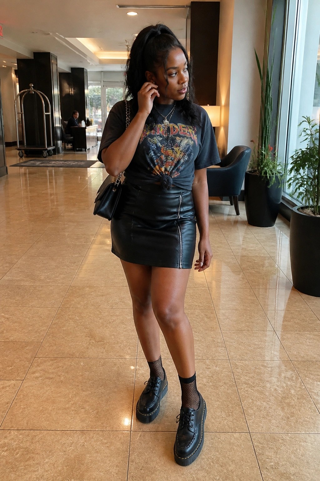 Woman in Iron Maiden tee and leather skirt posing in bright modern lobby