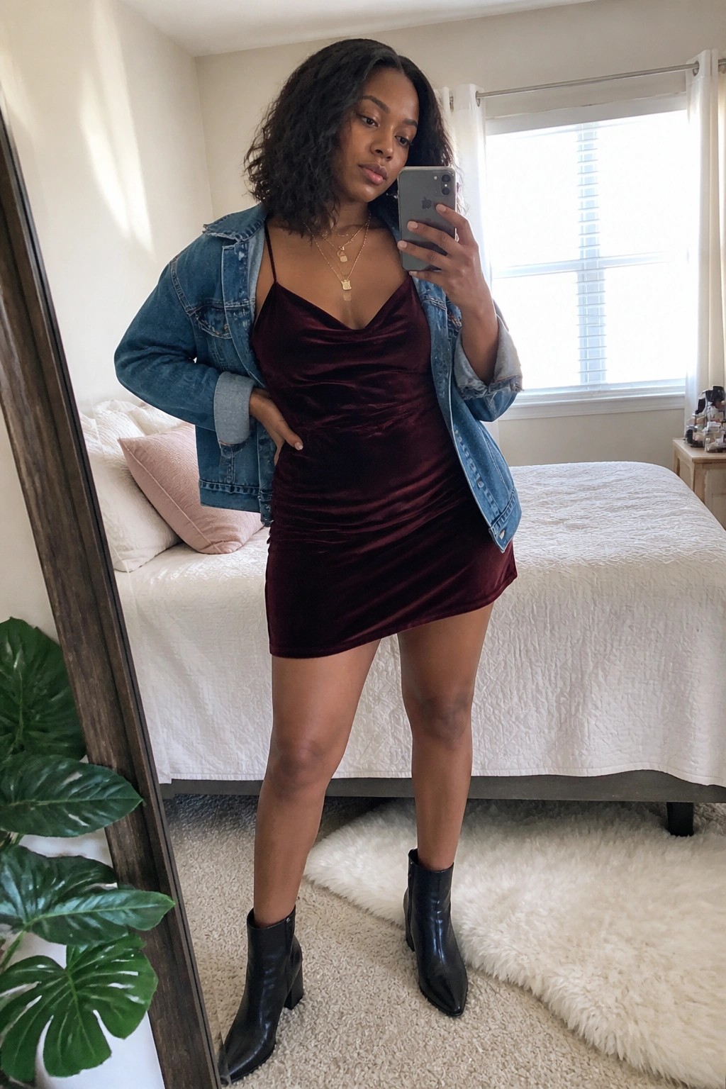 Woman in maroon velvet mini dress and denim jacket taking mirror selfie in bedroom