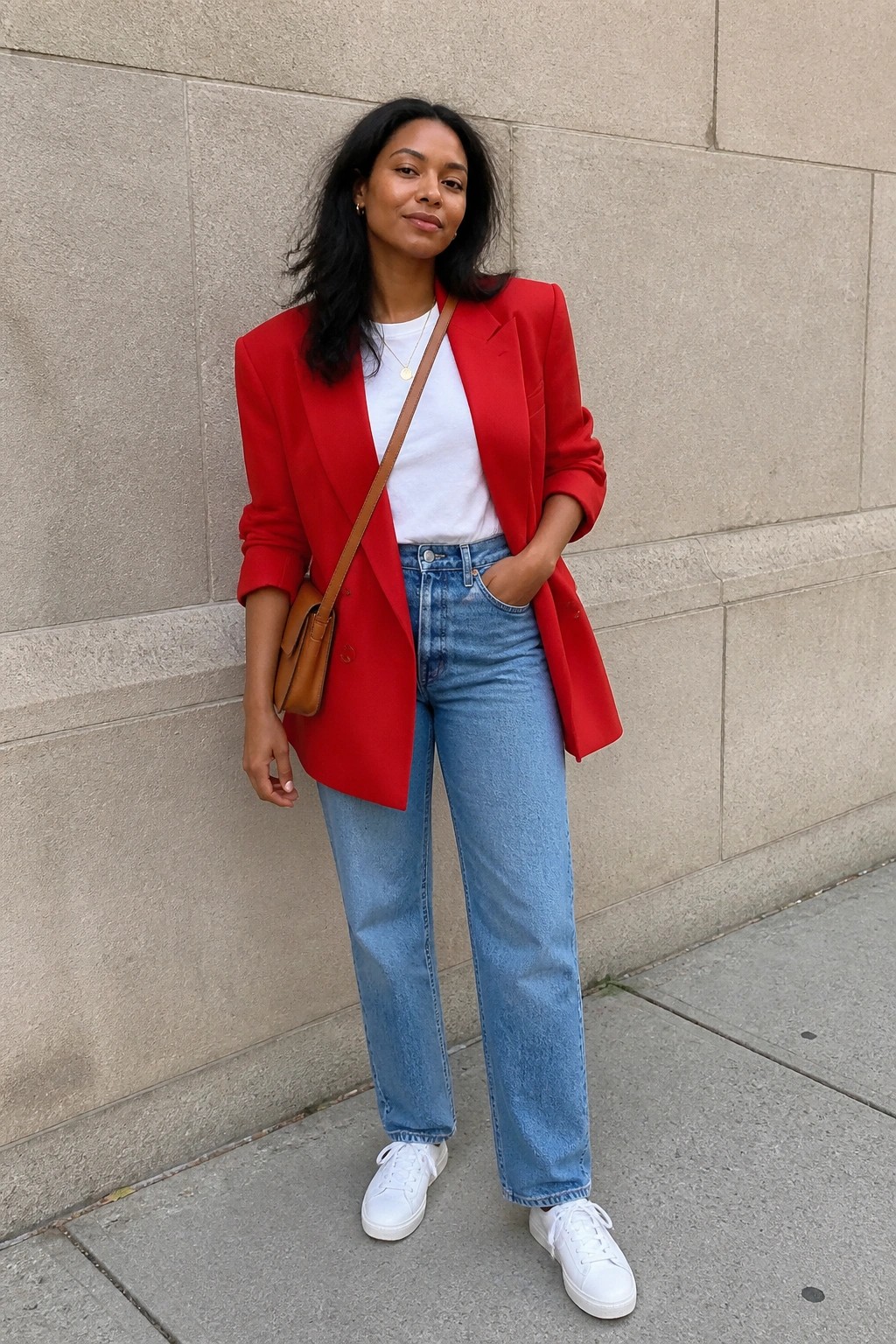 A Black woman in a bright red oversized blazer worn open over a white crewneck t-shirt, light blue straight-leg jeans, and white sneakers, with a small brown leather crossbody bag slung across her torso.