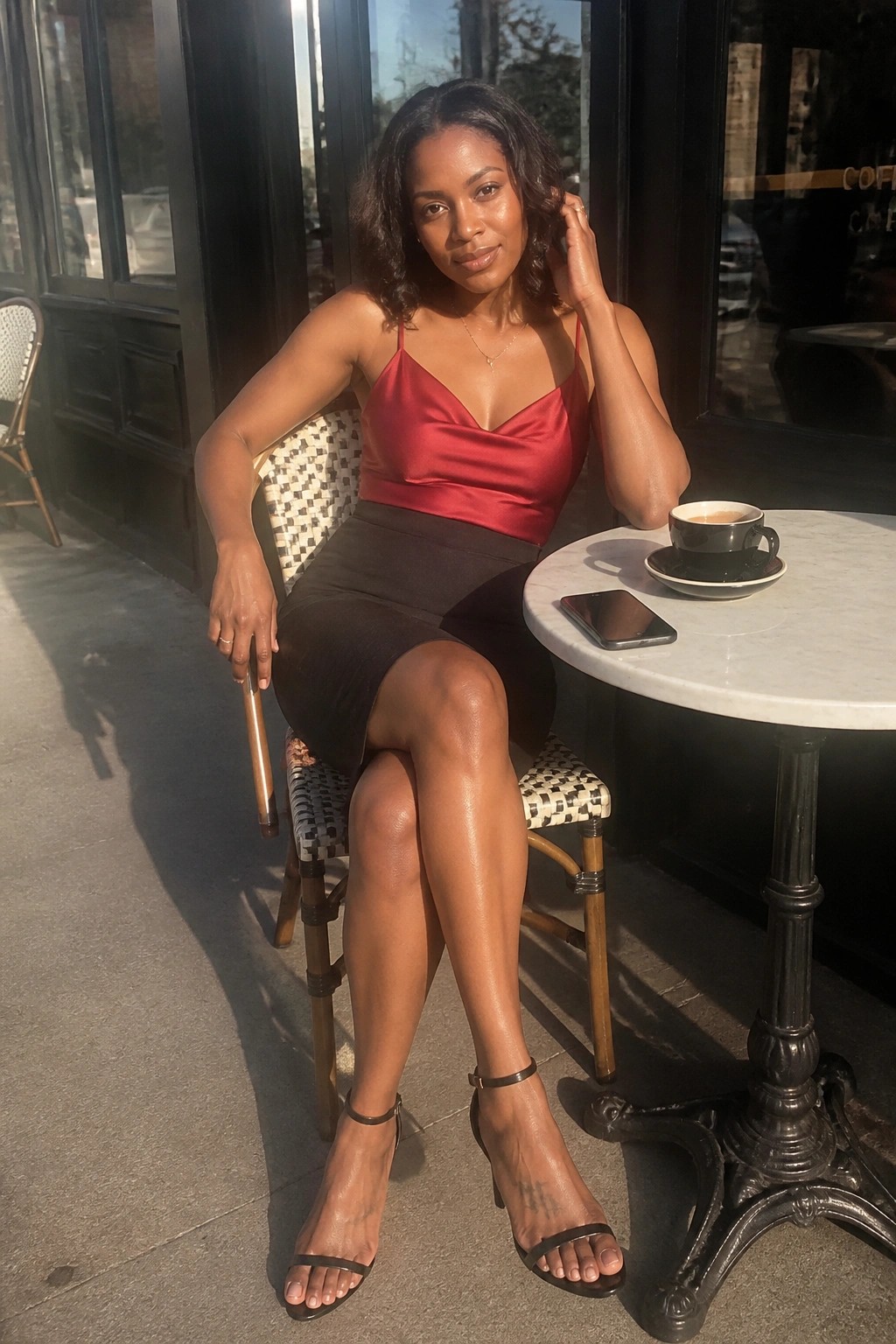 Woman wearing a red satin camisole top tucked into a black pencil skirt with black strappy heels and a thin gold necklace
