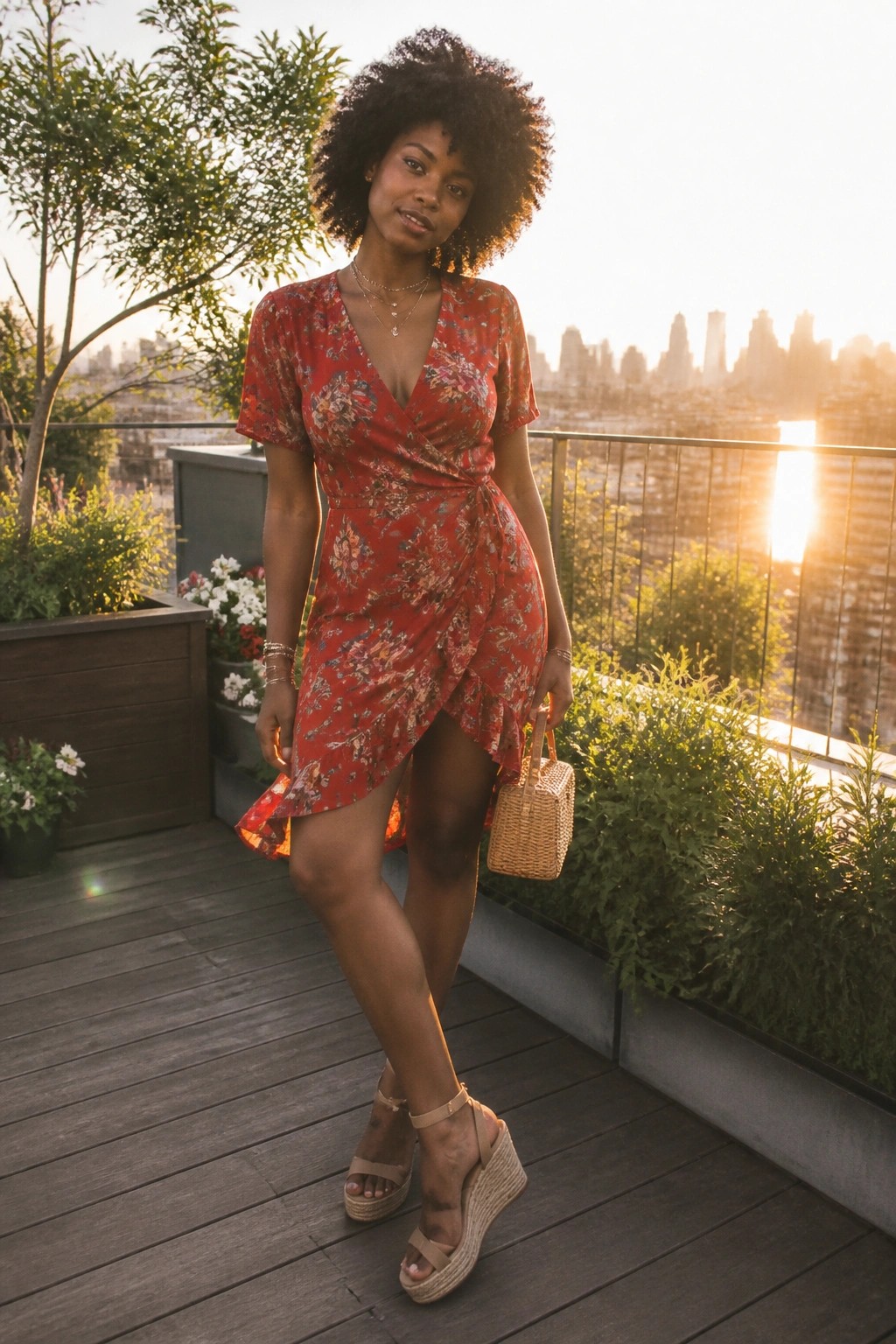 Woman in red floral wrap dress holding straw bag on sunset rooftop deck