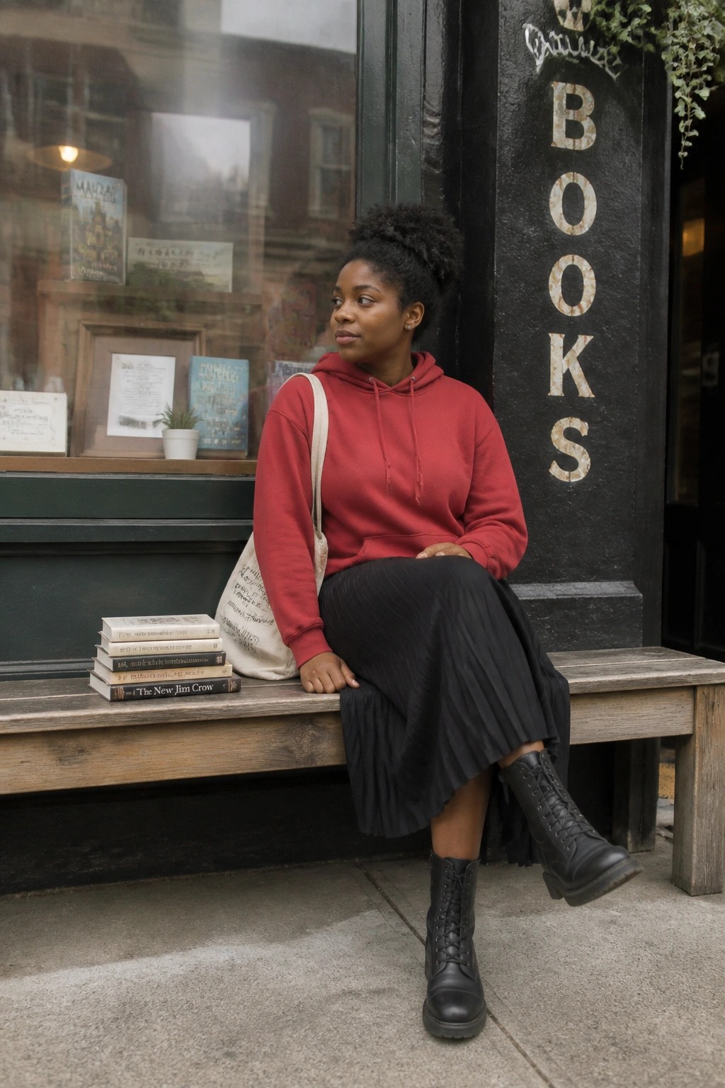 Woman in red hoodie and black skirt sits on bench outside bookstore with books