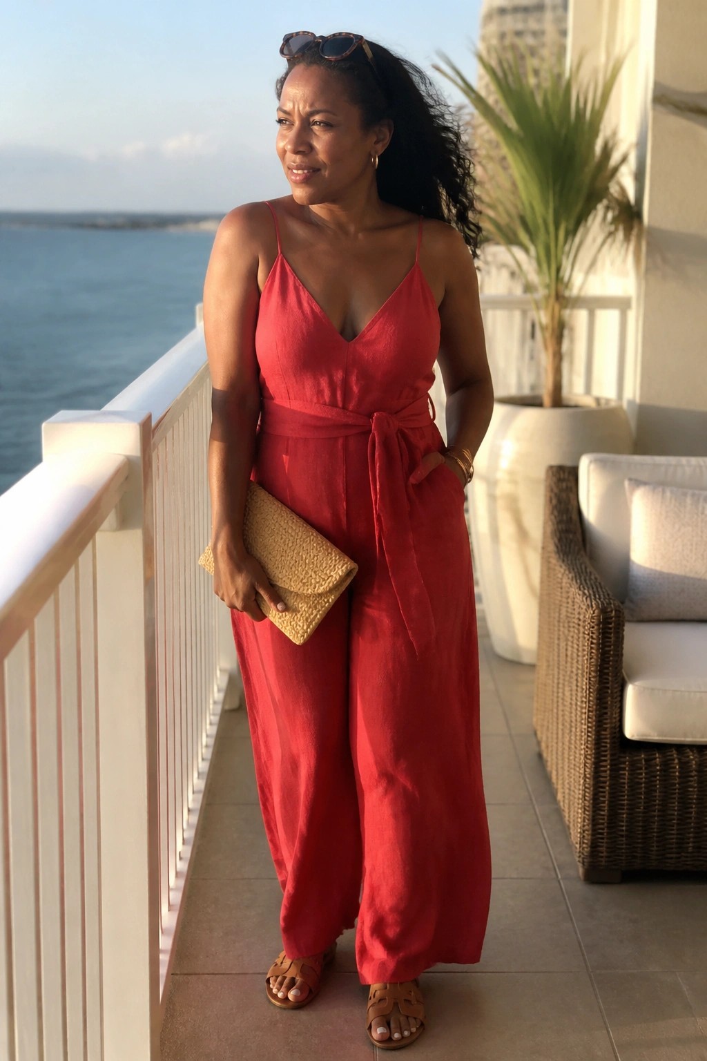 Woman in red jumpsuit holding woven clutch on ocean-view balcony at dusk