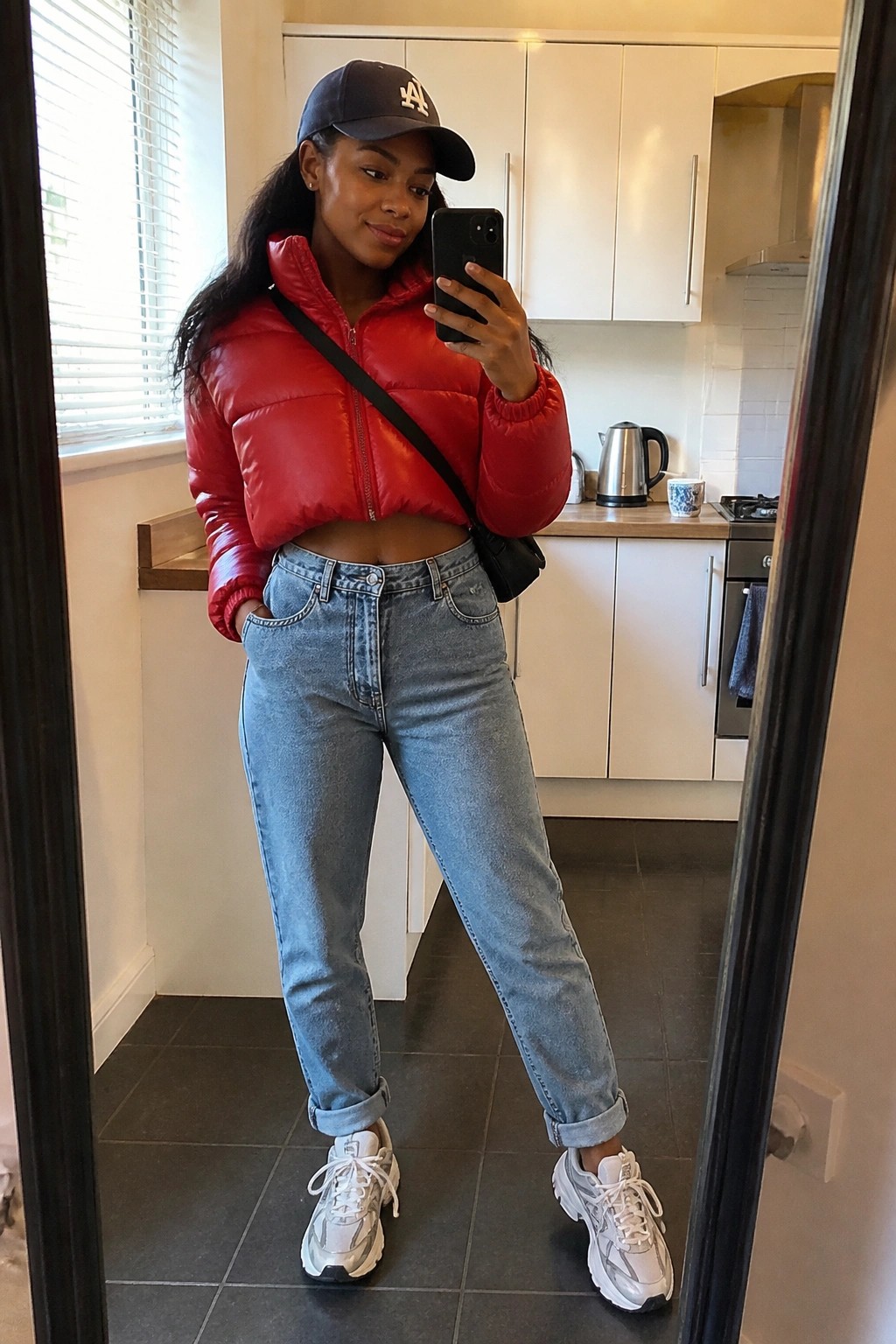 Woman in red puffer jacket and jeans takes mirror selfie in kitchen.