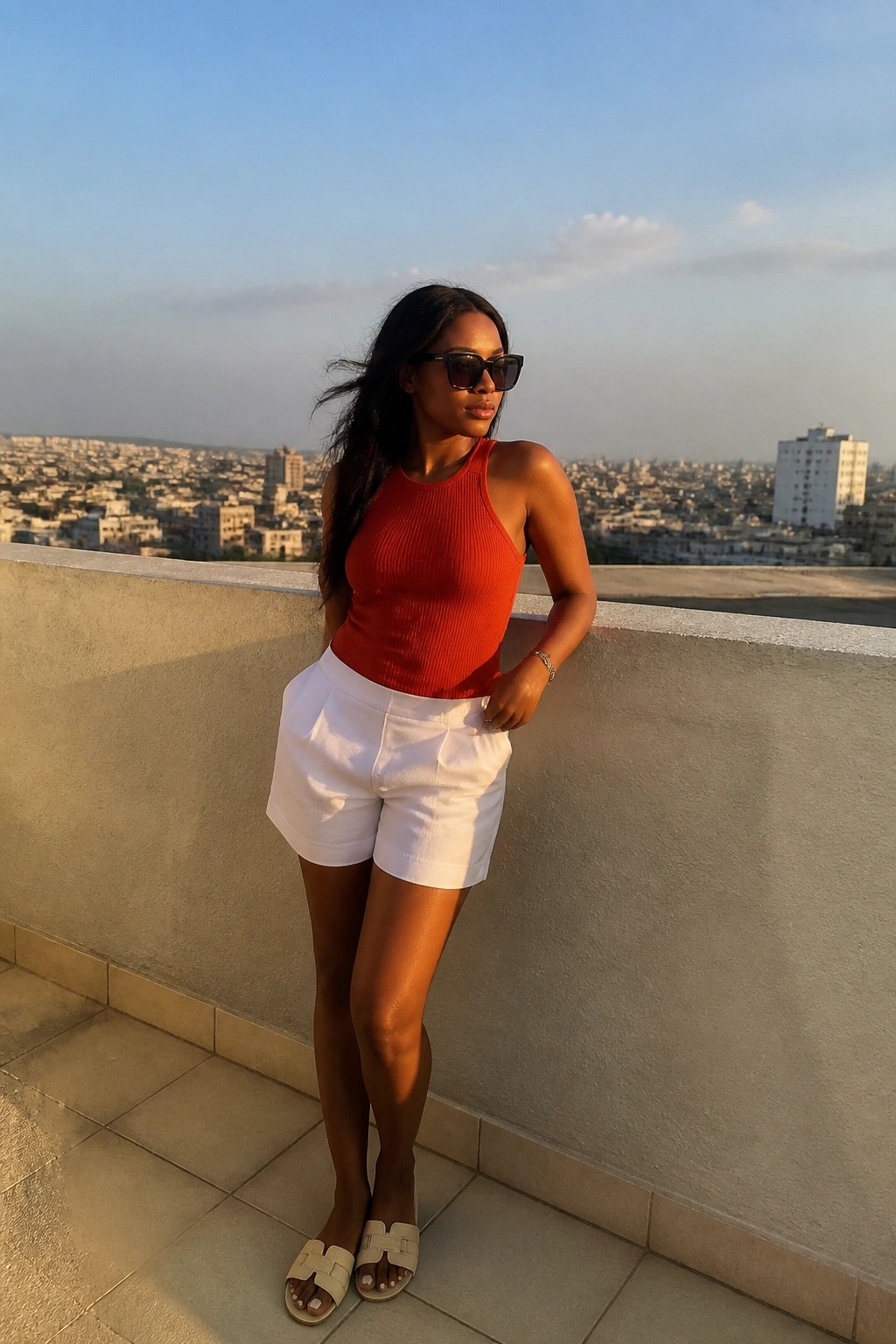 Woman in red ribbed top and white shorts posing on sunny city balcony.