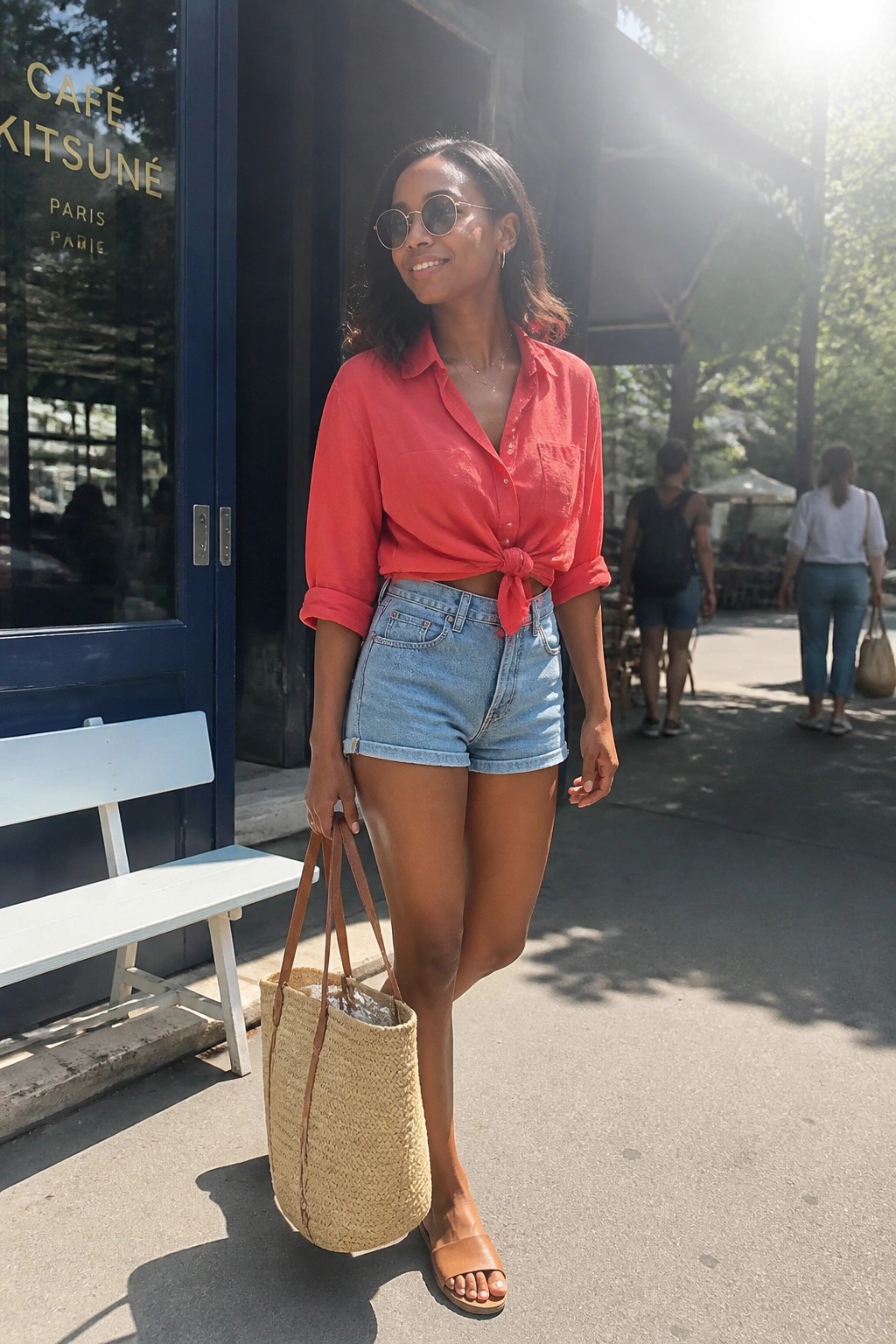 Woman in red tied shirt and denim shorts holding woven tote outside sunny cafe.