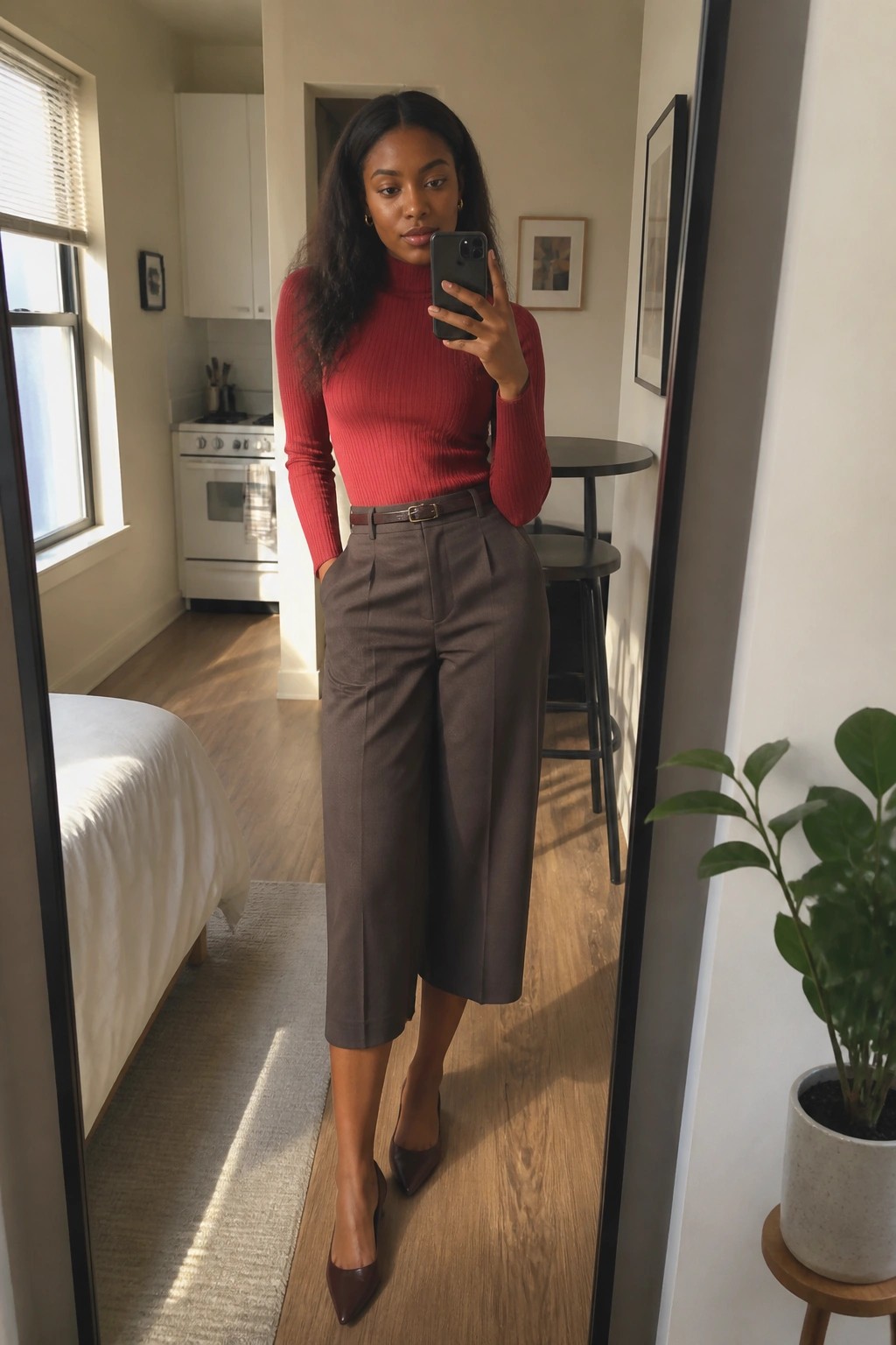 Woman in red turtleneck and brown wide-leg pants taking a mirror selfie.