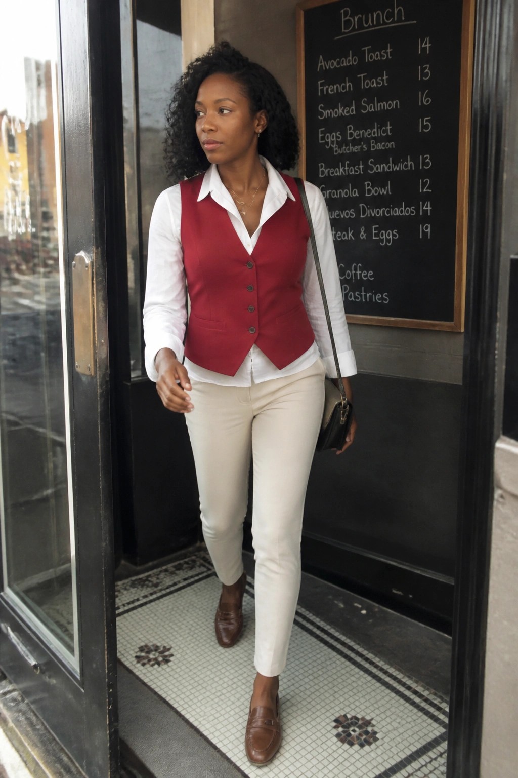 Woman in red vest and white shirt beside brunch chalkboard menu at cafe entrance.