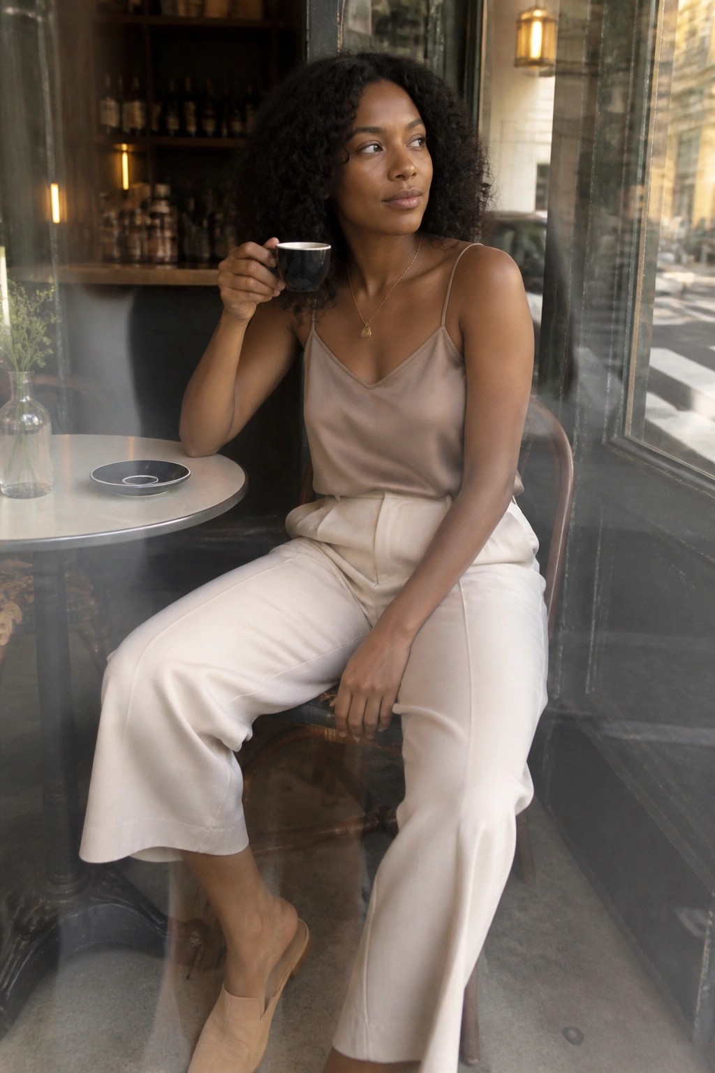 Curly-haired woman in beige camisole and trousers holds coffee cup by cafe window.