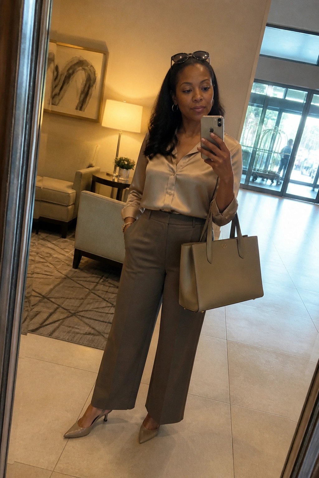Woman in beige satin blouse and gray trousers holding phone and tote in lobby