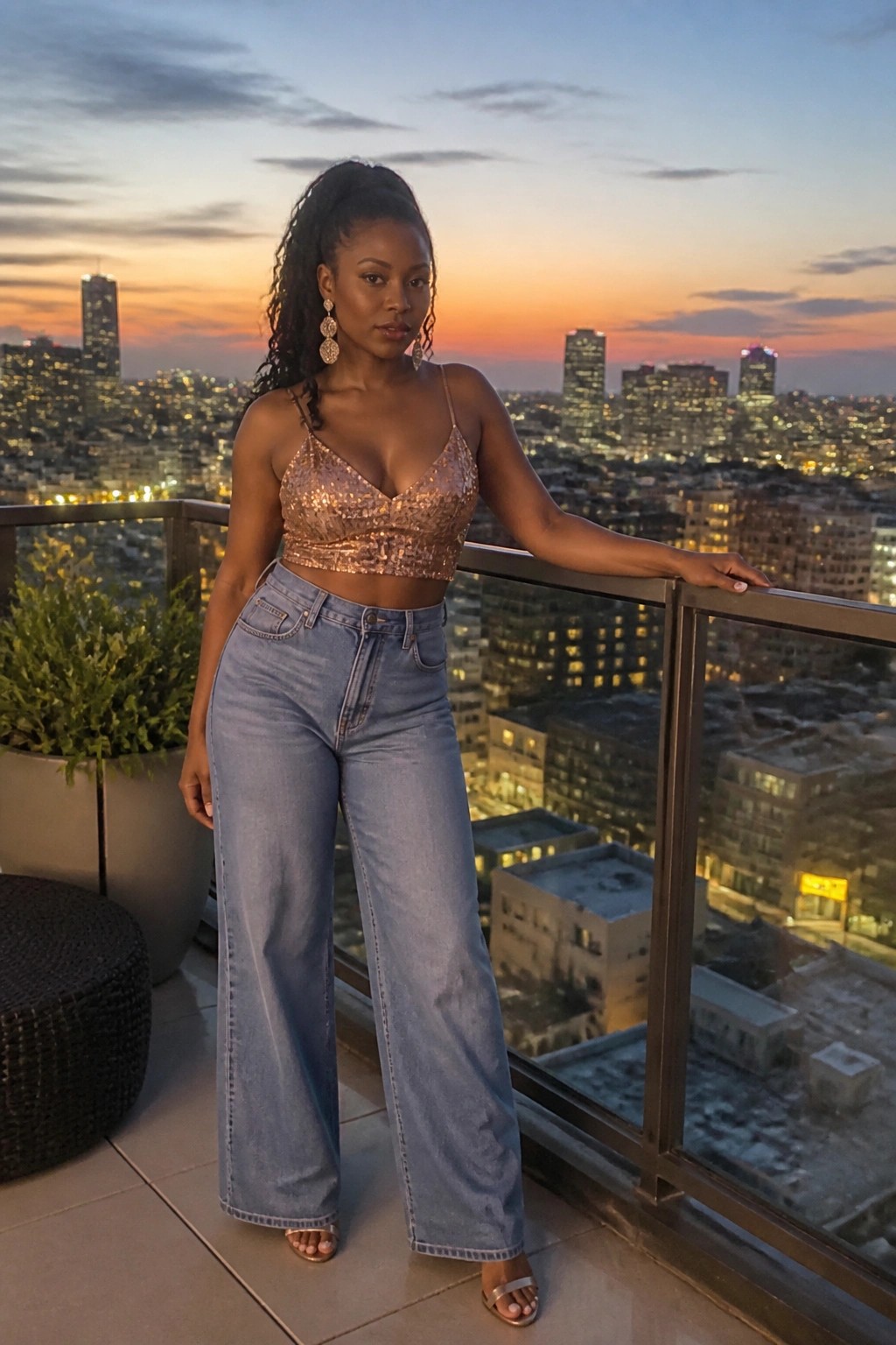 Woman in sequined rose-gold crop top and wide-leg jeans on sunset city balcony