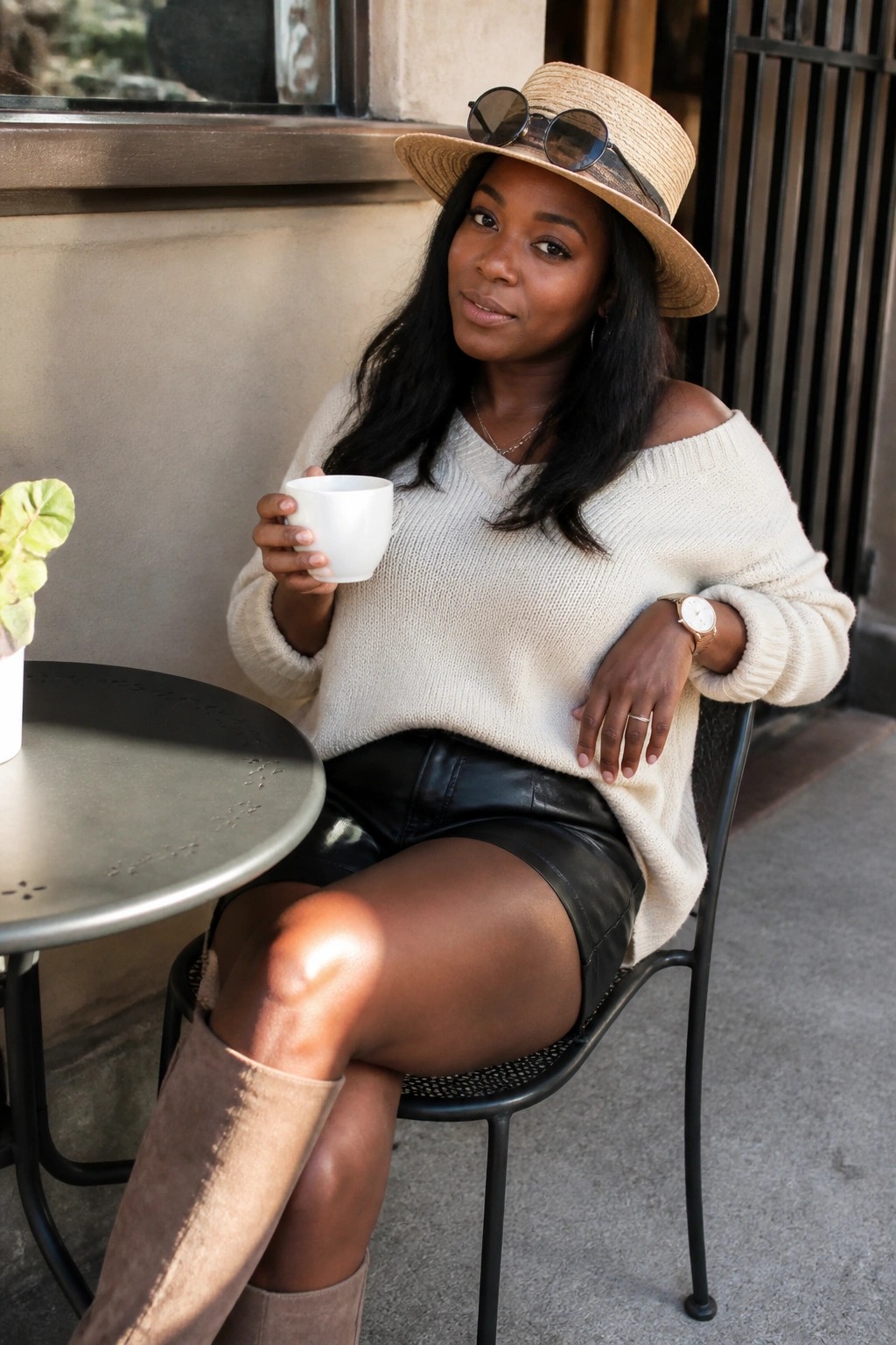 Stylish woman in off-shoulder knit sweater and leather shorts holding white mug at patio table