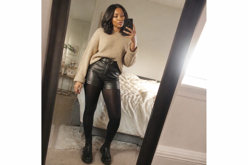 Woman in beige sweater and black leather shorts taking mirror selfie in bedroom.