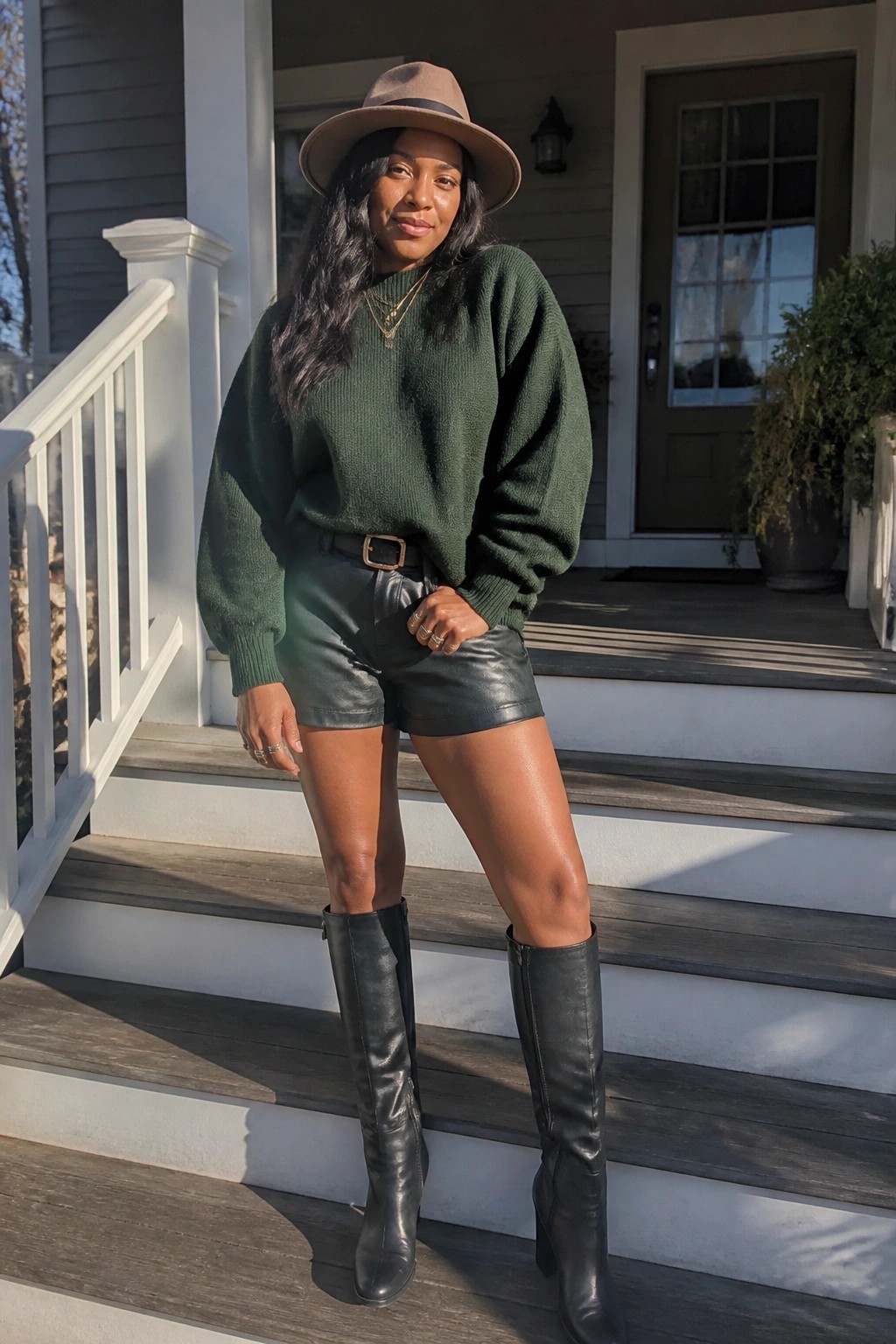 Woman in green sweater, black leather shorts, boots and hat on porch steps