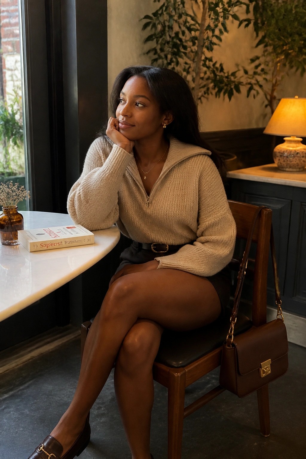 Woman in beige knit sweater seated at table with Sapiens book and brown bag