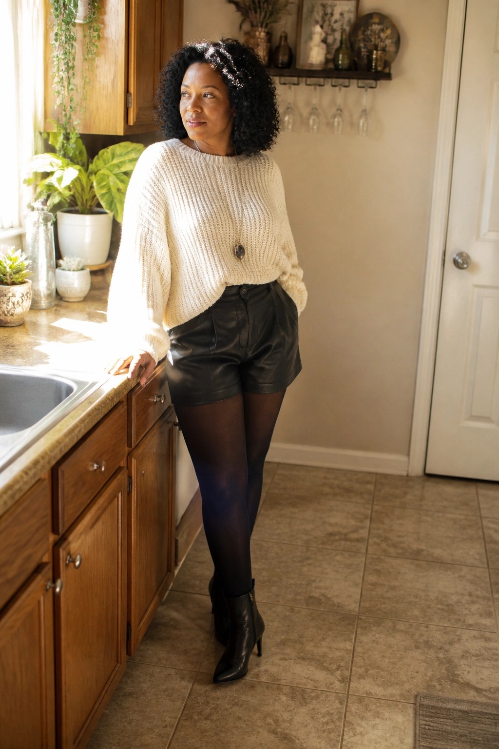 Woman with curly hair in cream sweater and black leather shorts in sunlit kitchen
