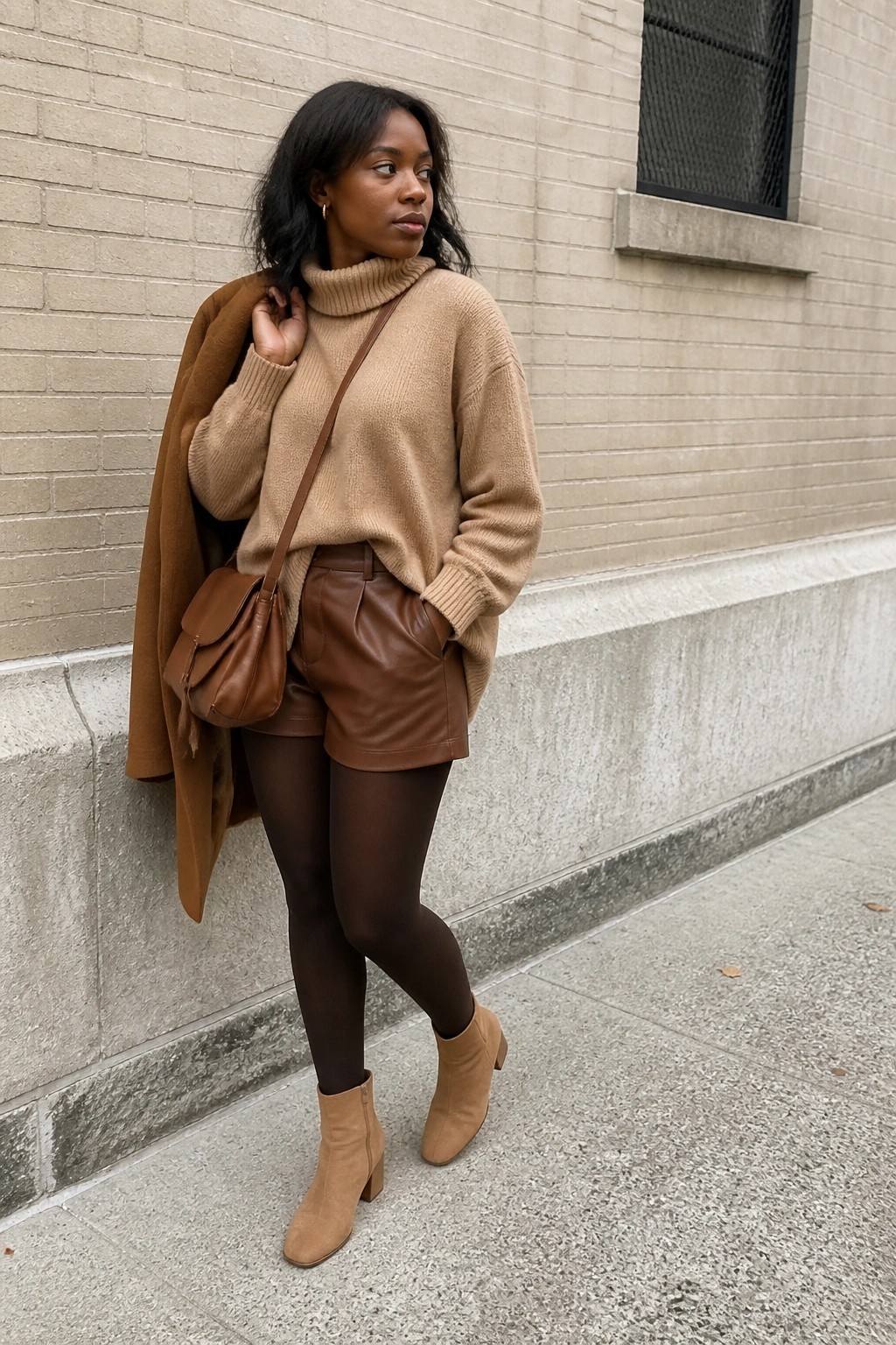 Woman in tan turtleneck sweater, brown leather shorts, tights, and ankle boots by brick wall.