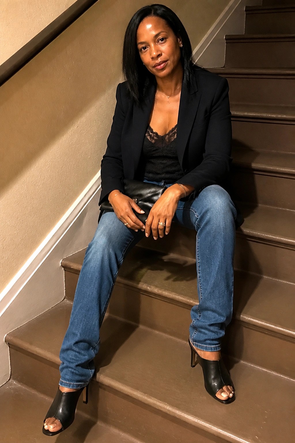 Woman in black blazer and jeans seated on brown stairs holding clutch