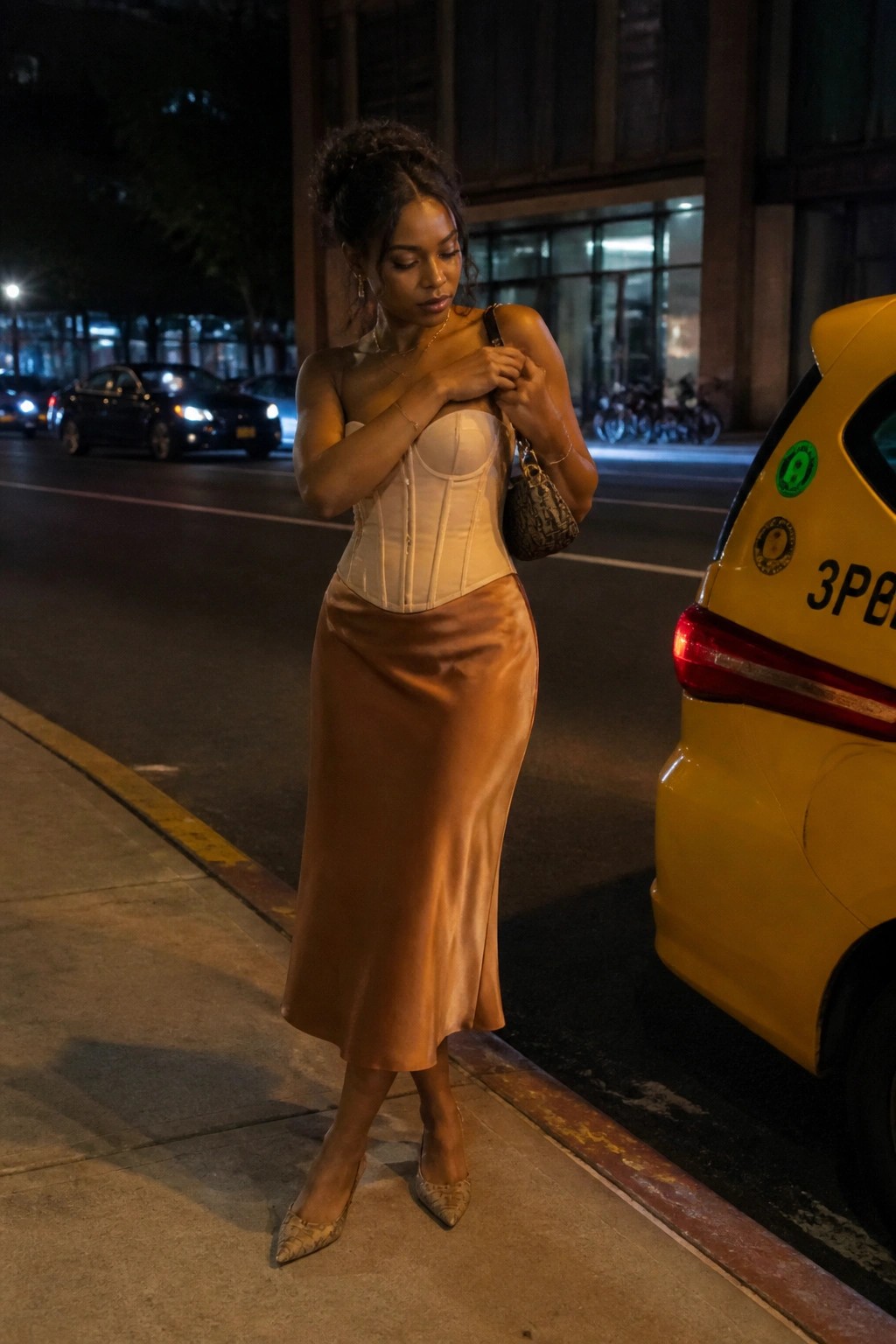 Woman in white corset and brown satin skirt beside yellow taxi at night.