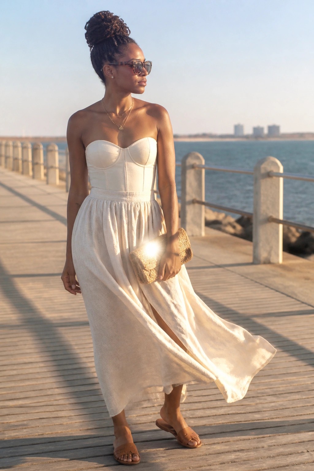 Black woman wearing a white strapless corset top with a sweetheart neckline and a white flowing midi skirt with a side slit, paired with brown slide sandals and a woven clutch, standing on a wooden boardwalk.