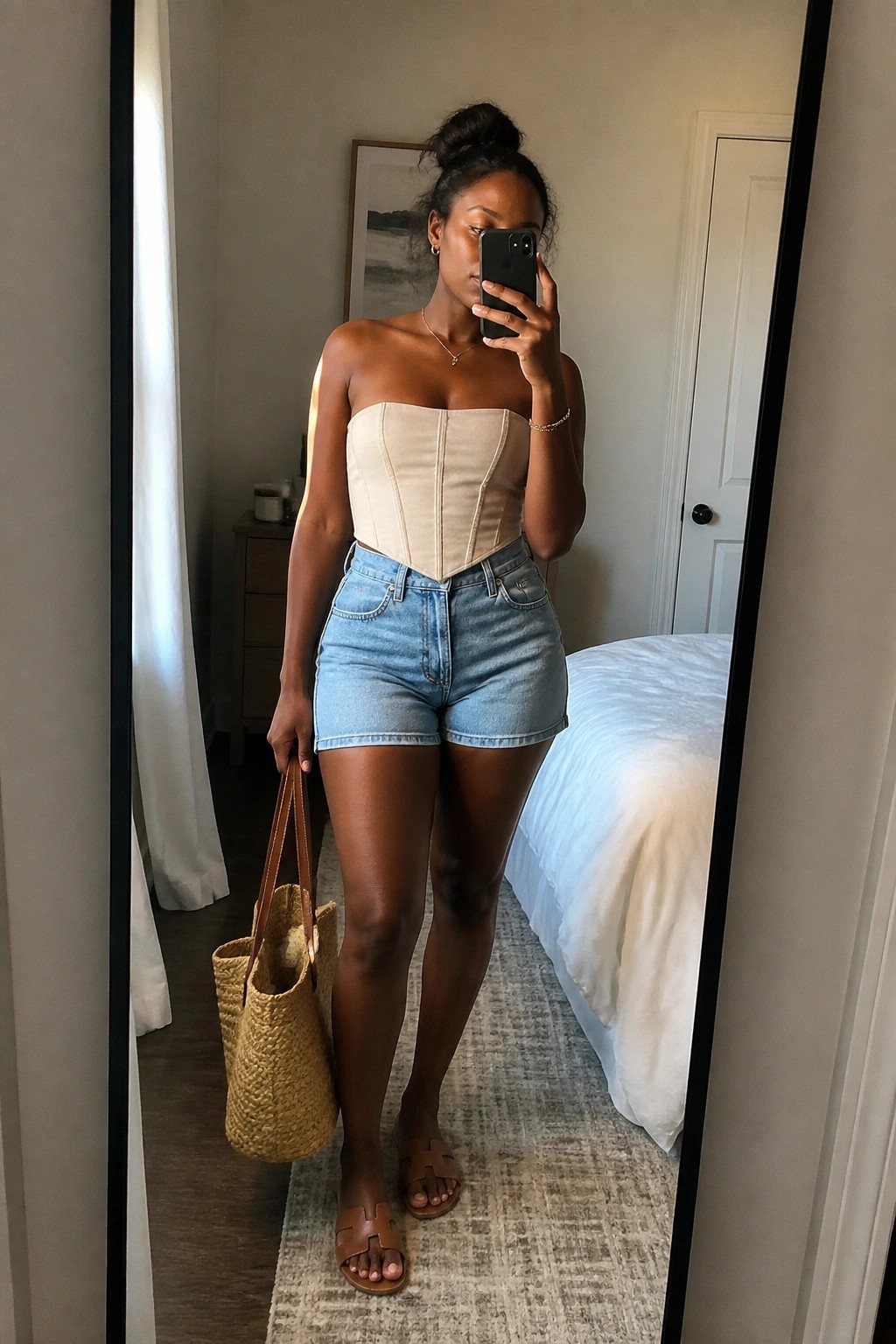 Woman in beige corset top and blue denim shorts taking mirror selfie with tote bag