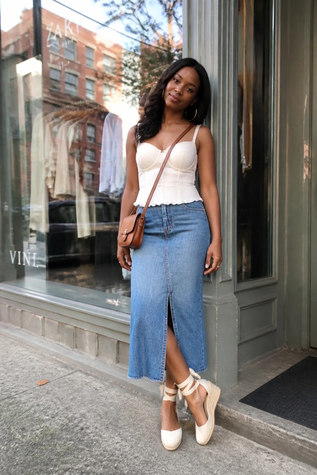 Woman in white corset top and denim midi skirt with brown bag outside store