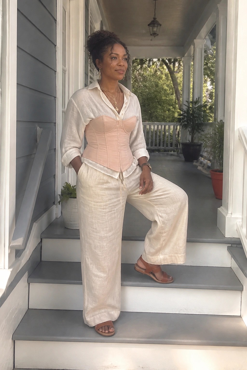 Woman in white linen shirt over beige corset and wide pants on porch steps.
