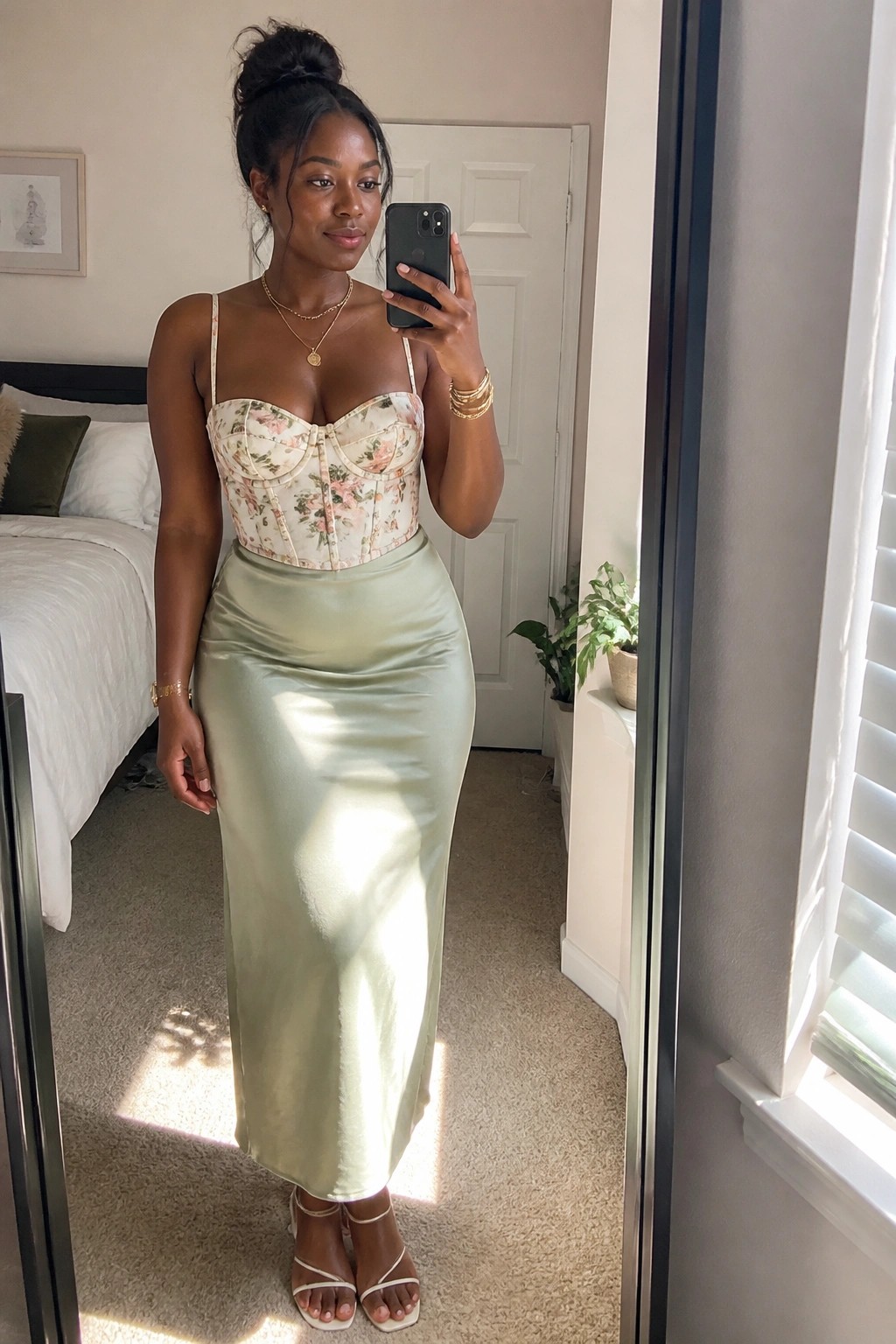 Woman in a floral strapless corset top and long sage green satin skirt with gold necklaces, bracelets, and white strappy heels, standing in a bedroom mirror selfie.
